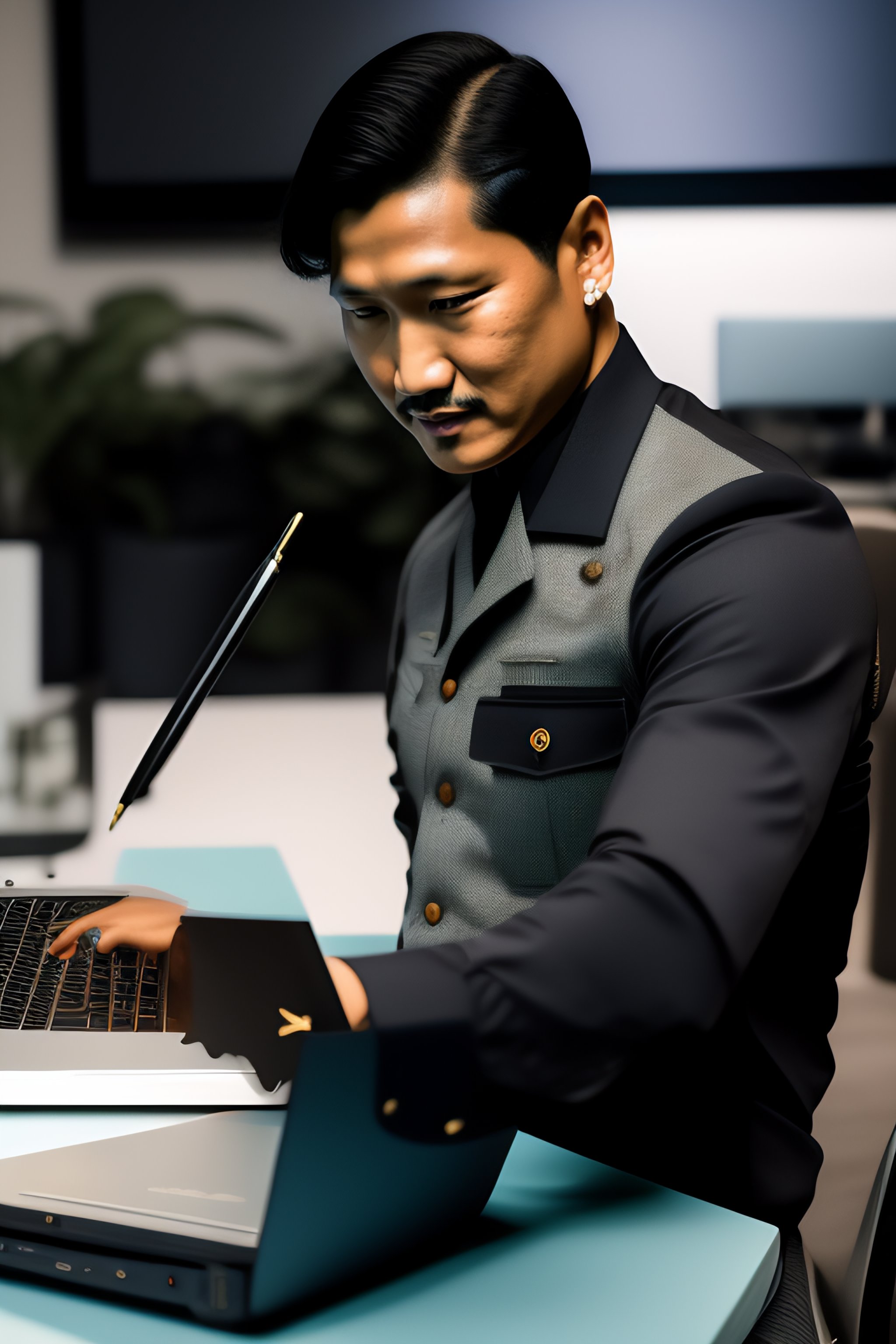 Lexica - Jose Rizal working on a laptop, wearing a shirt with OpenAI ...