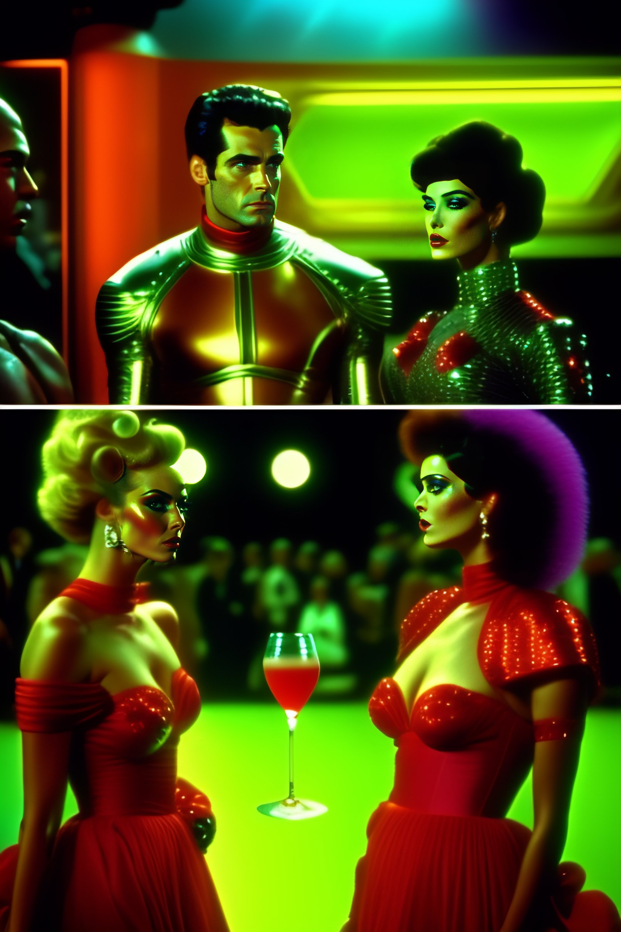 Lexica - Scene retro future movie from the 1980s sci fi horror film ,group  hard punk man woman drinking elixir cocktails futuristic fashion avant-ga...