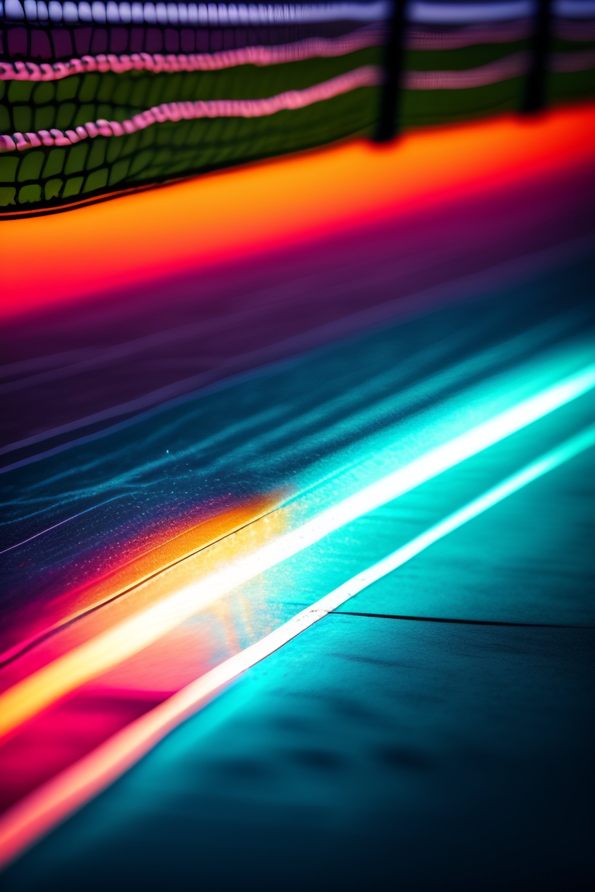 Lexica - Tennis rackets with broken strings in a neon tennis court
