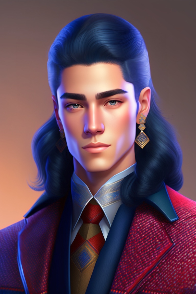 Lexica - A young man with bright red eyes, long dark blue hair at the ...