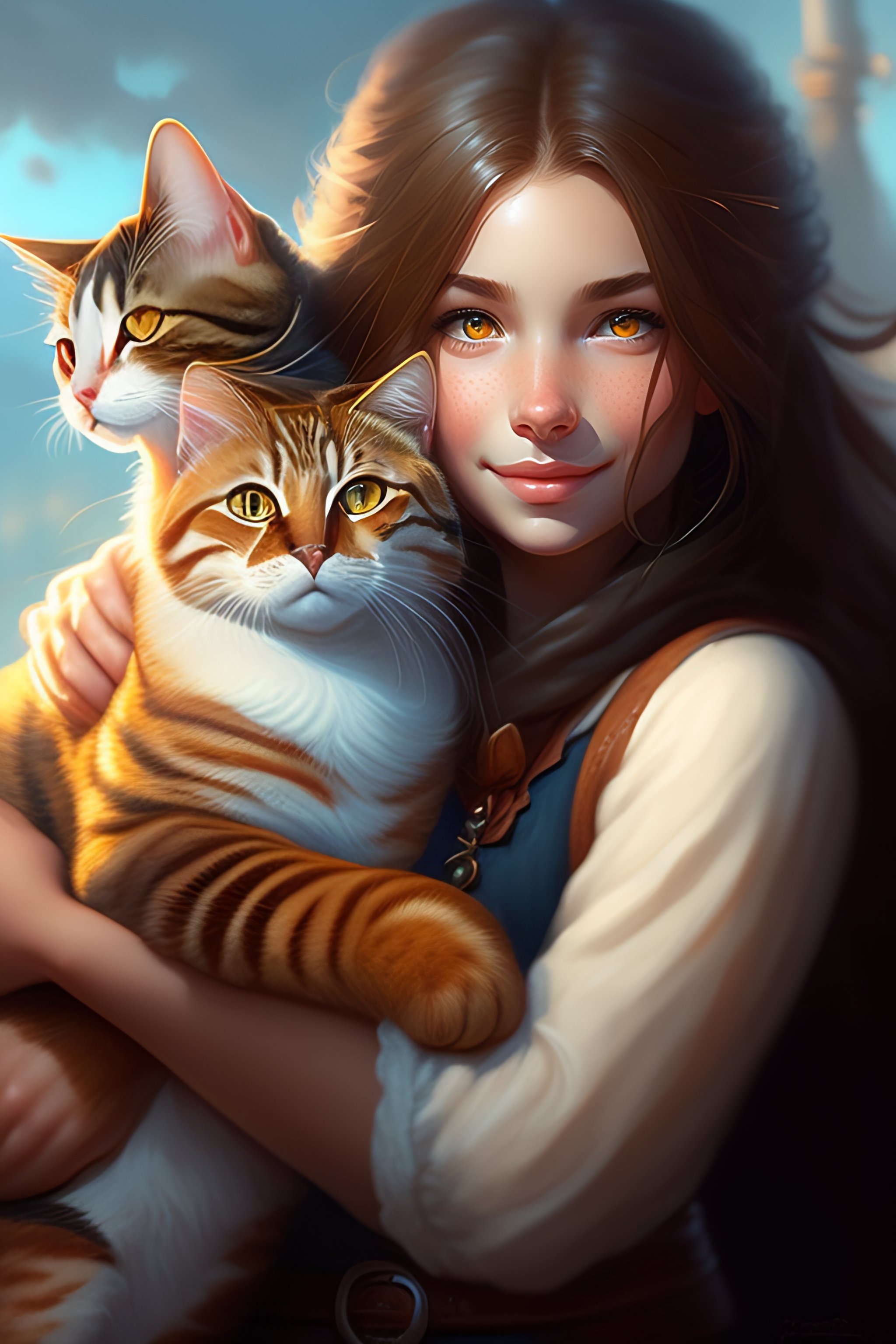 Lexica - A detailed portrait of a cute calm brunette girl hugging a ...