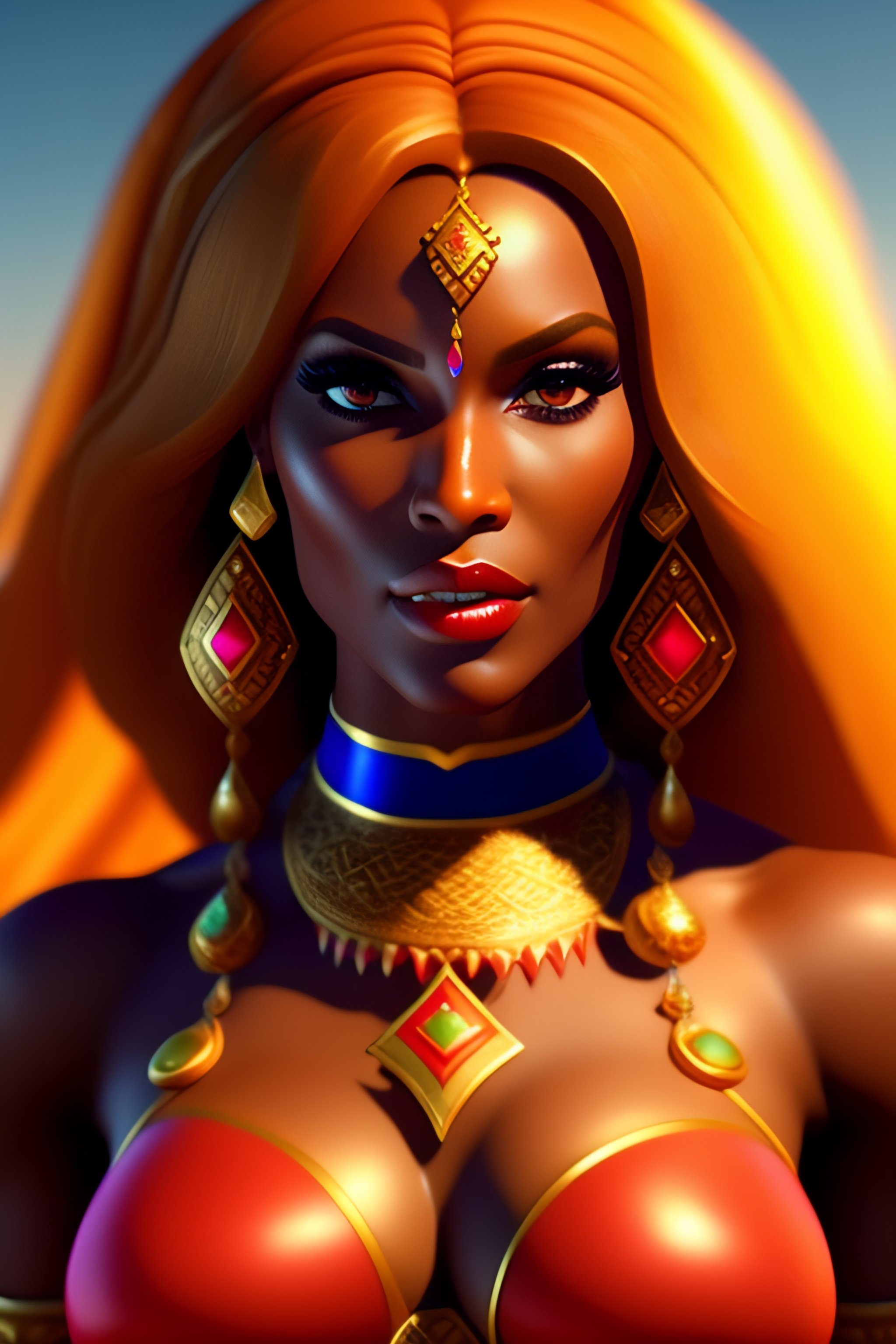 Lexica - Mommy body . Urbosa from the legend of zelda in bikini . Gerudo  warrior . mighty plump. gold jewelry . diamond ornament. 8k resolution .  hi...