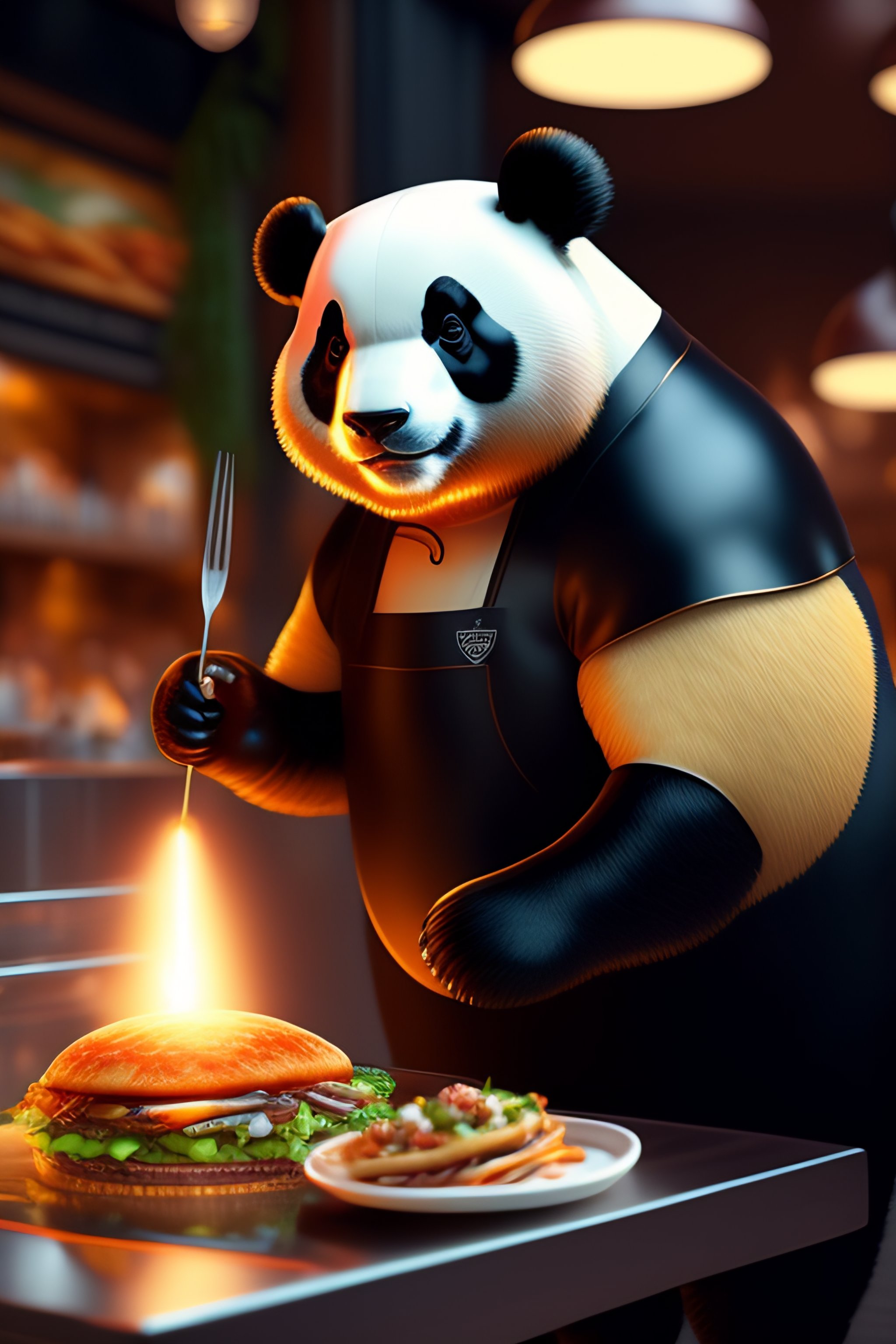 Lexica - A panda bear wearing a chef hat and serving a kebab in a ...