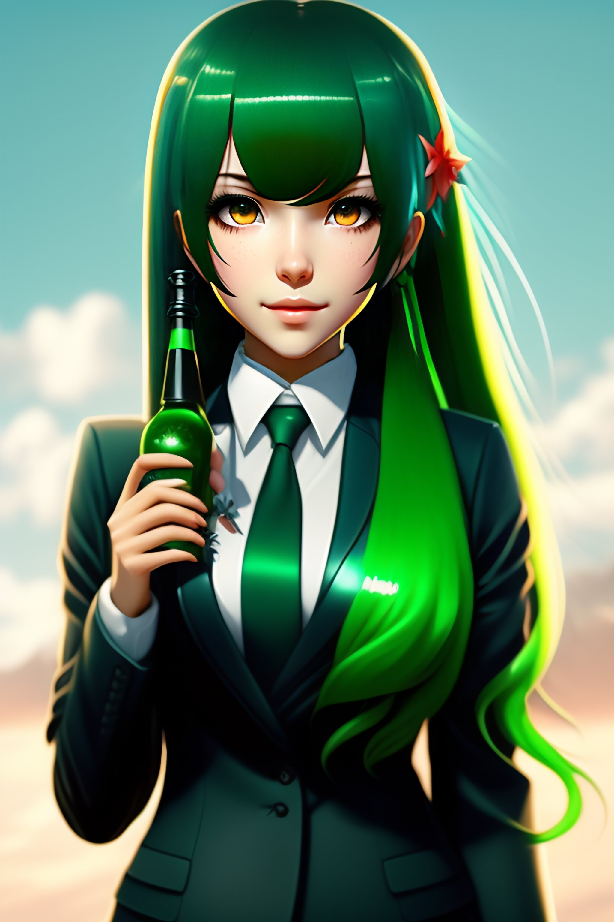 Lexica - Anime hot green hair pigtail girl with suit and bottle on head