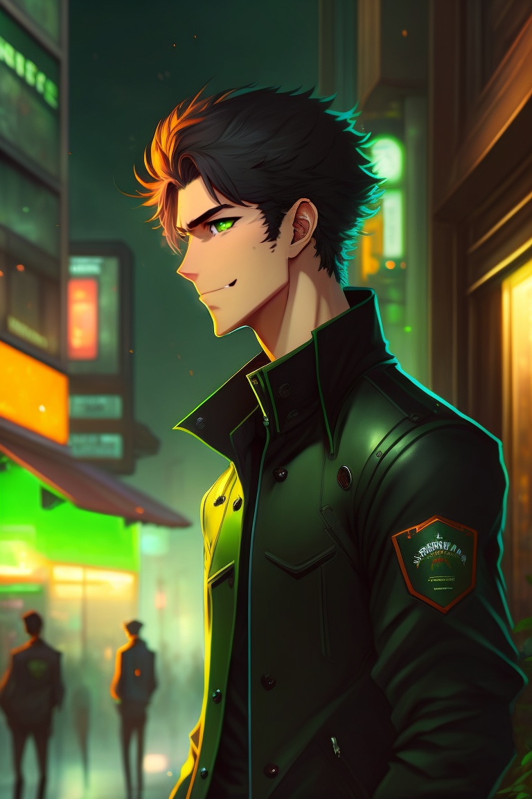 Anime-style male character with emerald green eyes and black hair