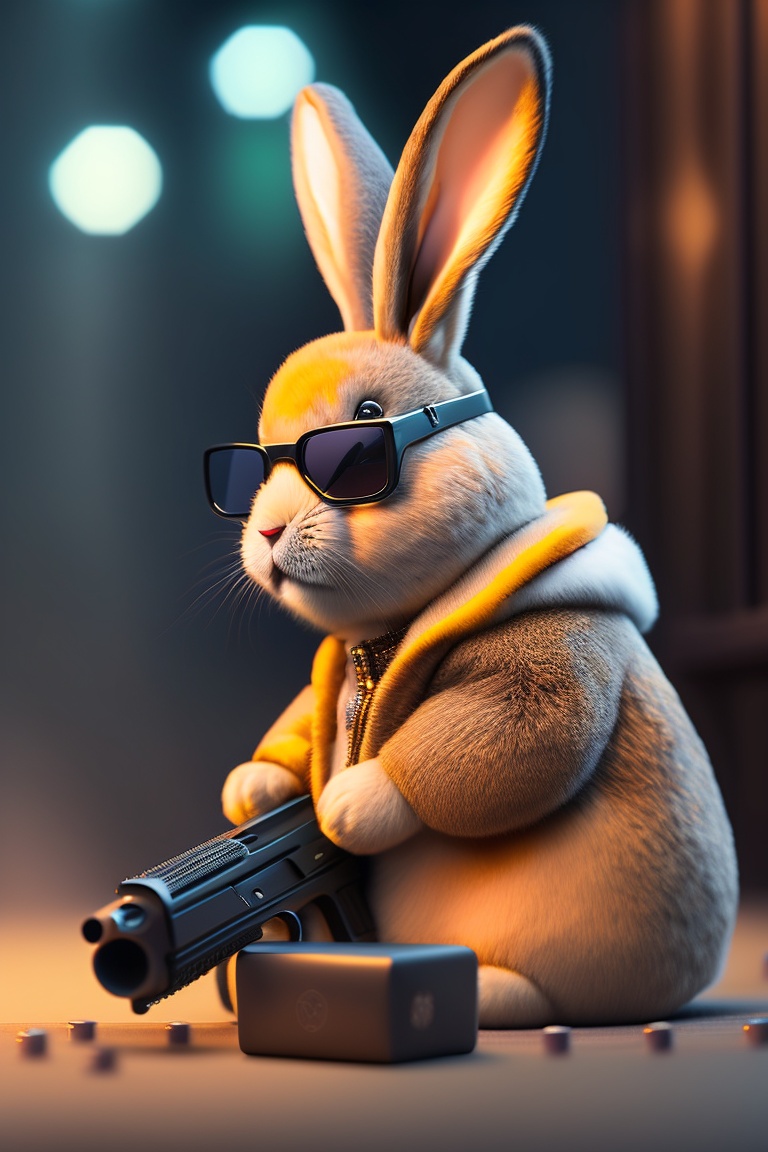 Lexica - Plush rabbit with gun and sunglasses in front of bank robbing ...