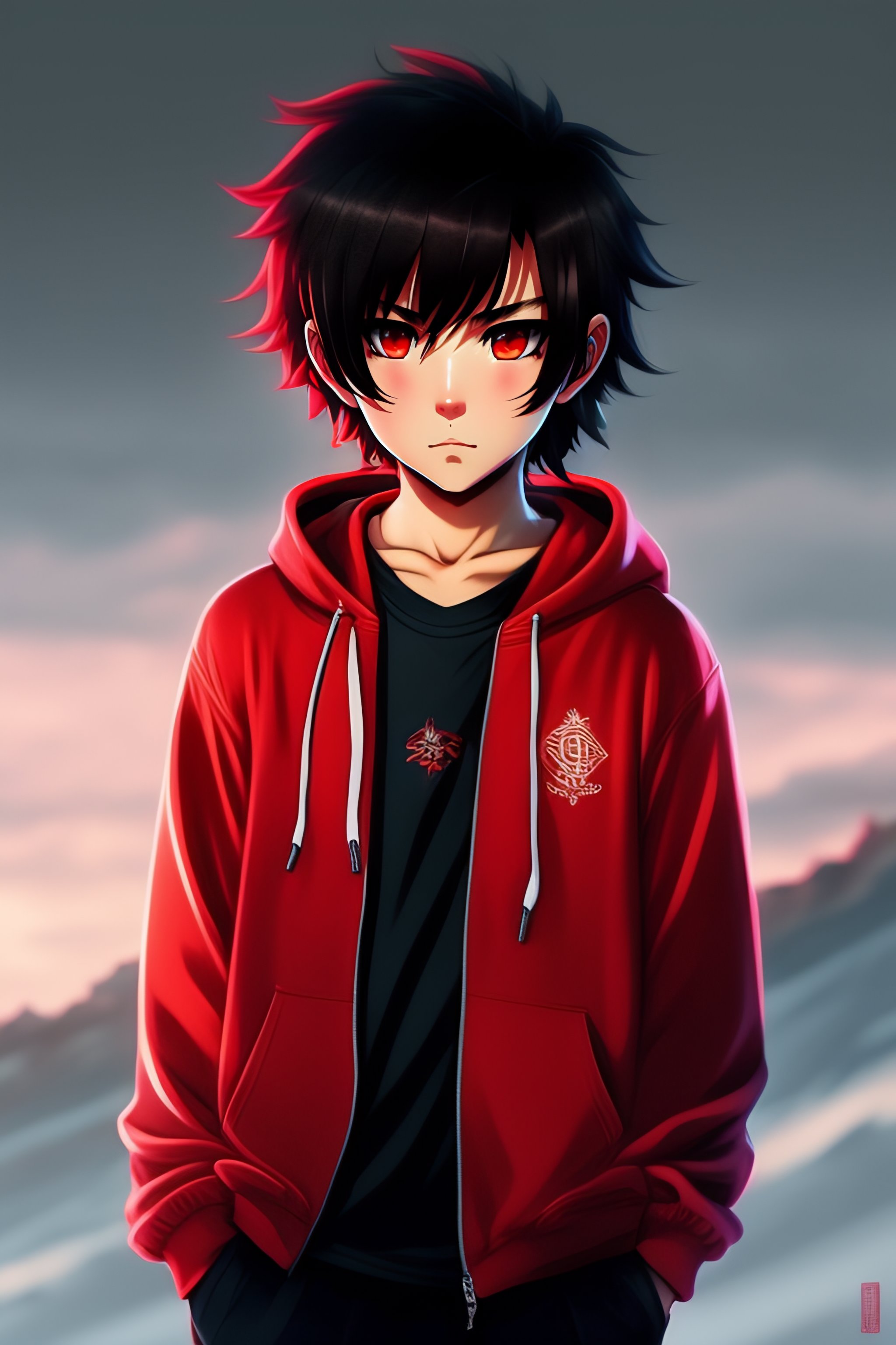 Lexica Anime young boy black long messy hair red eyes red tattoo under eyes sad face black hoodie