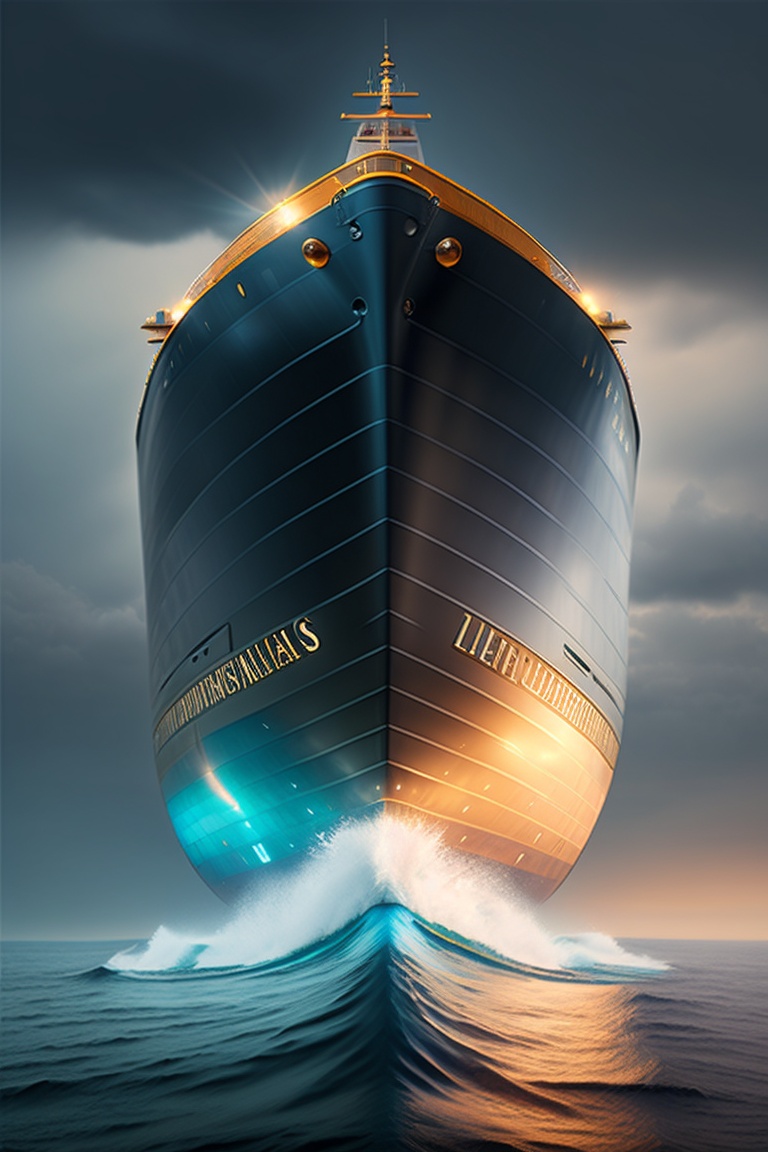 Lexica - Visualize a close-up, front view of a massive ship sailing in ...