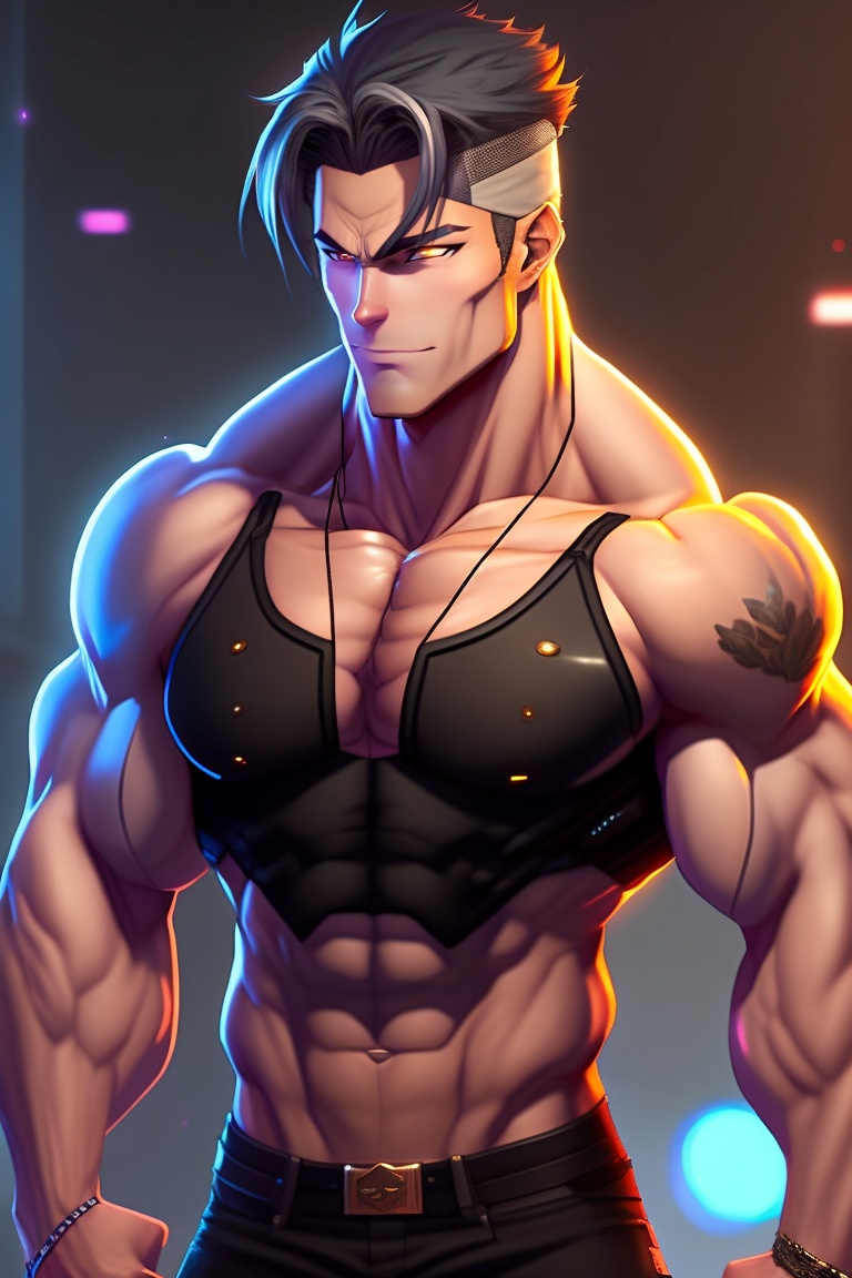 Lexica - 2d anime handsome and muscular man, wearing a black shirt and cool  pants