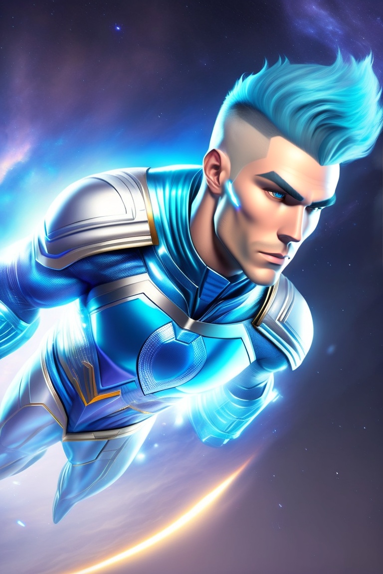 Lexica - Handsome superhero flying in space, with silver suit and blue hair