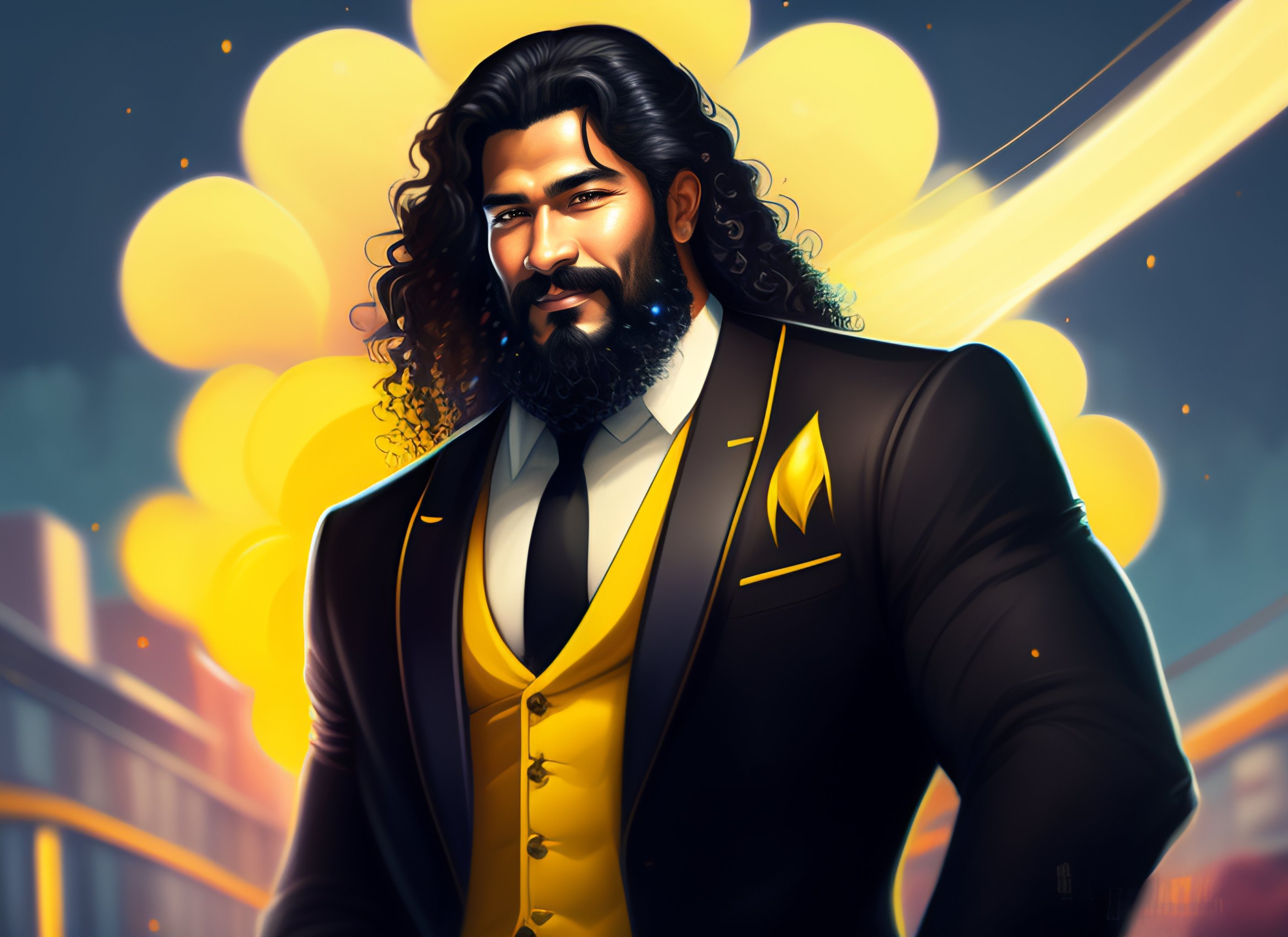 Lexica - Anime warrior king, 42 years old, black long hair, long curly  hair, having a short go tee ,yellow eyes, full beard perfectly trimmed,  wearin