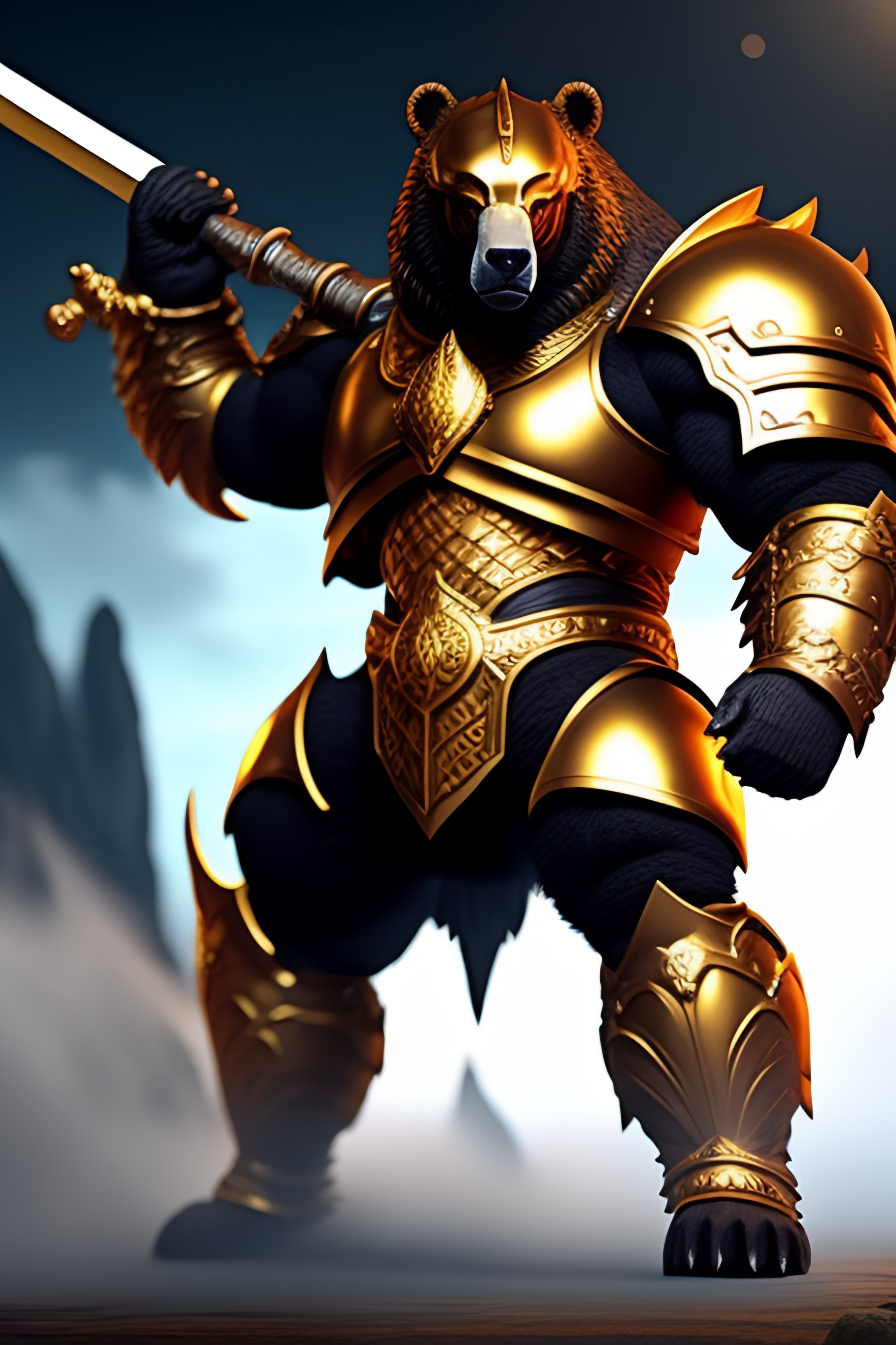 Lexica - Humanoid warrior bear wearing golden armor weilding a giant ...