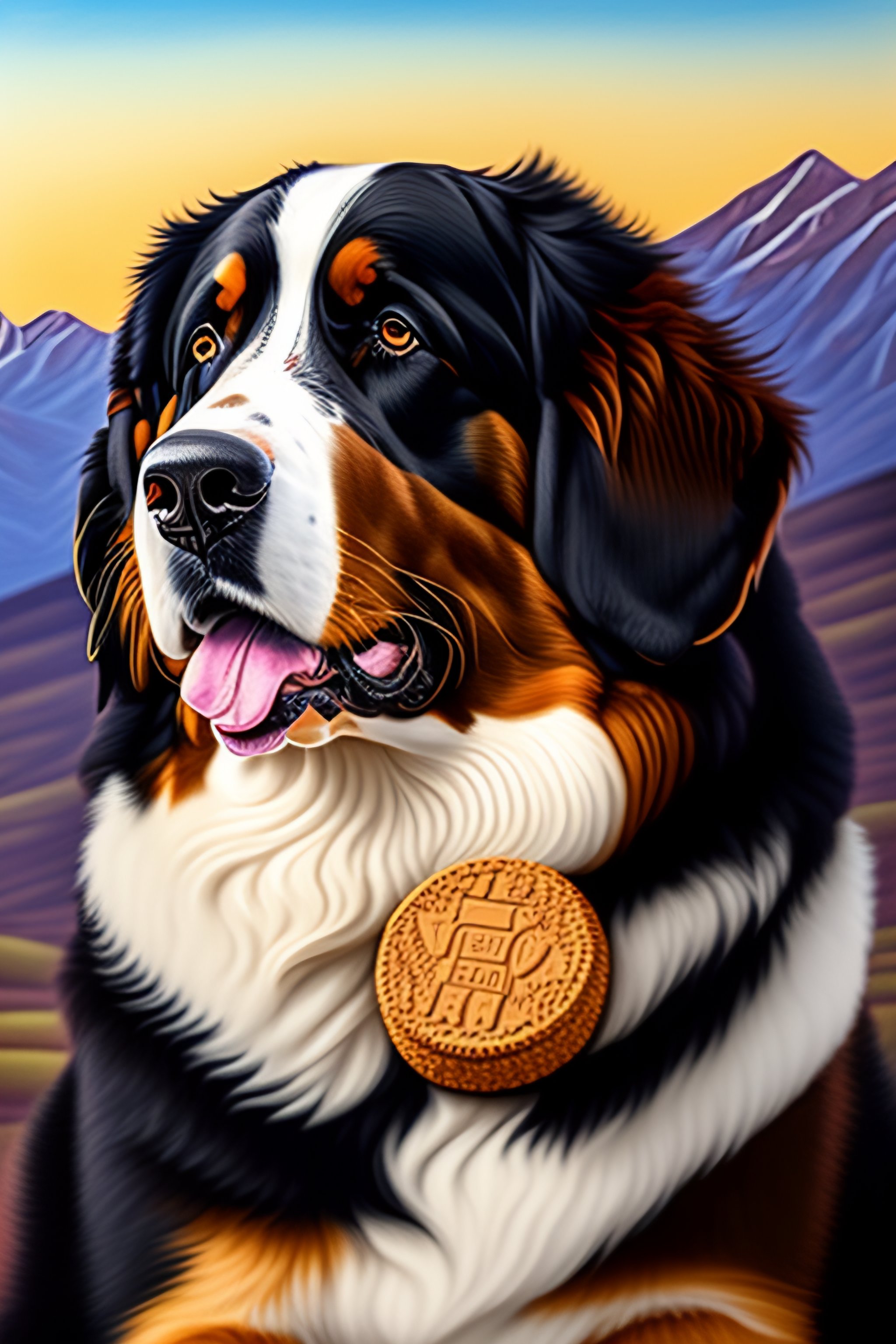 Lexica Style art deco drawing bernese mountain dog with a chocolate in the mouth and with mountain in background