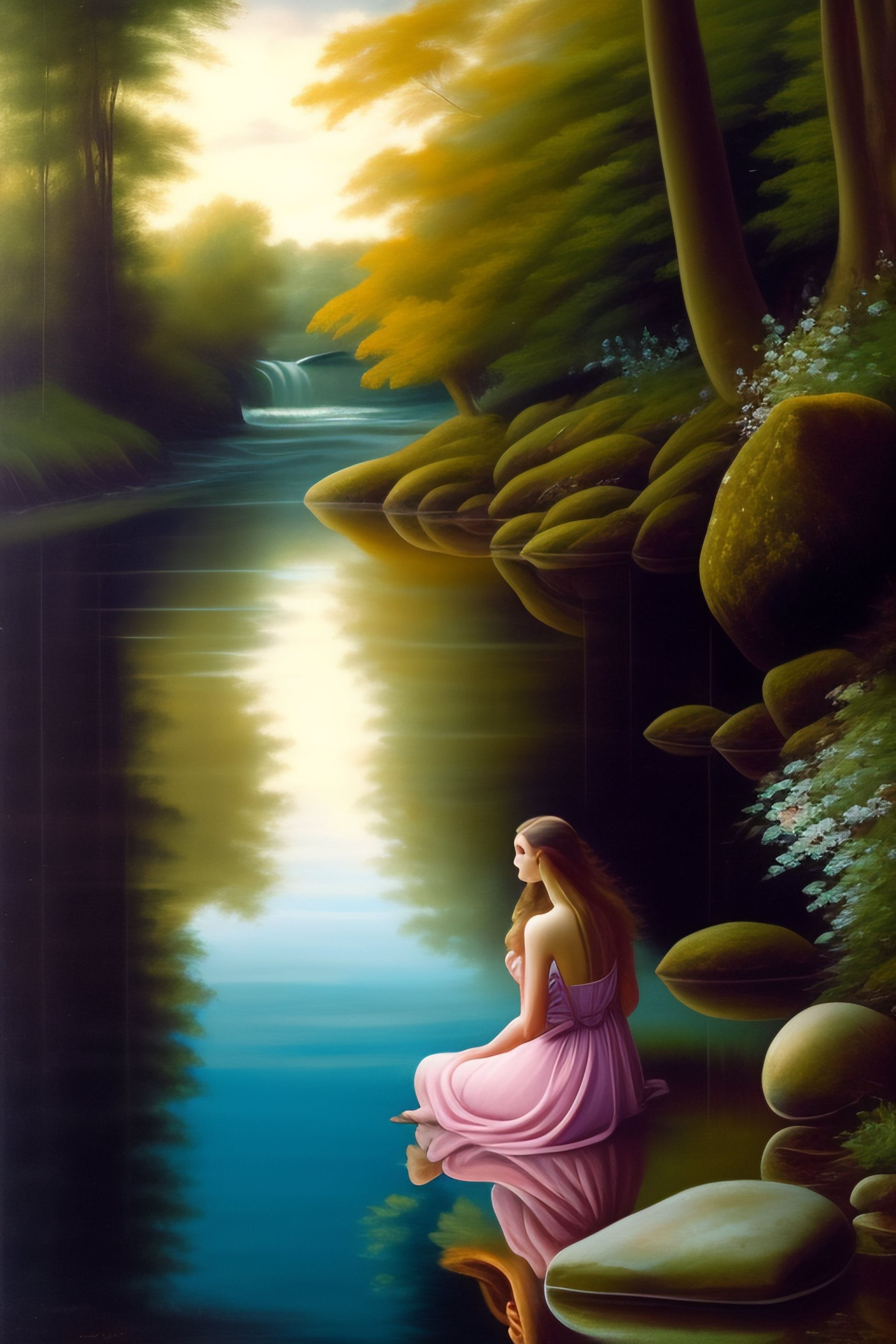 Lexica - A young woman in front, with her feet in the water of a stream ...