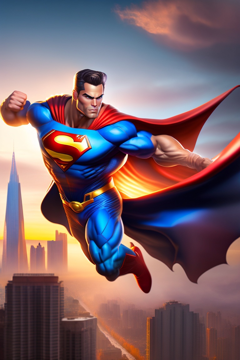 Lexica - Superman soaring through the vibrant city skyline at sunset ...