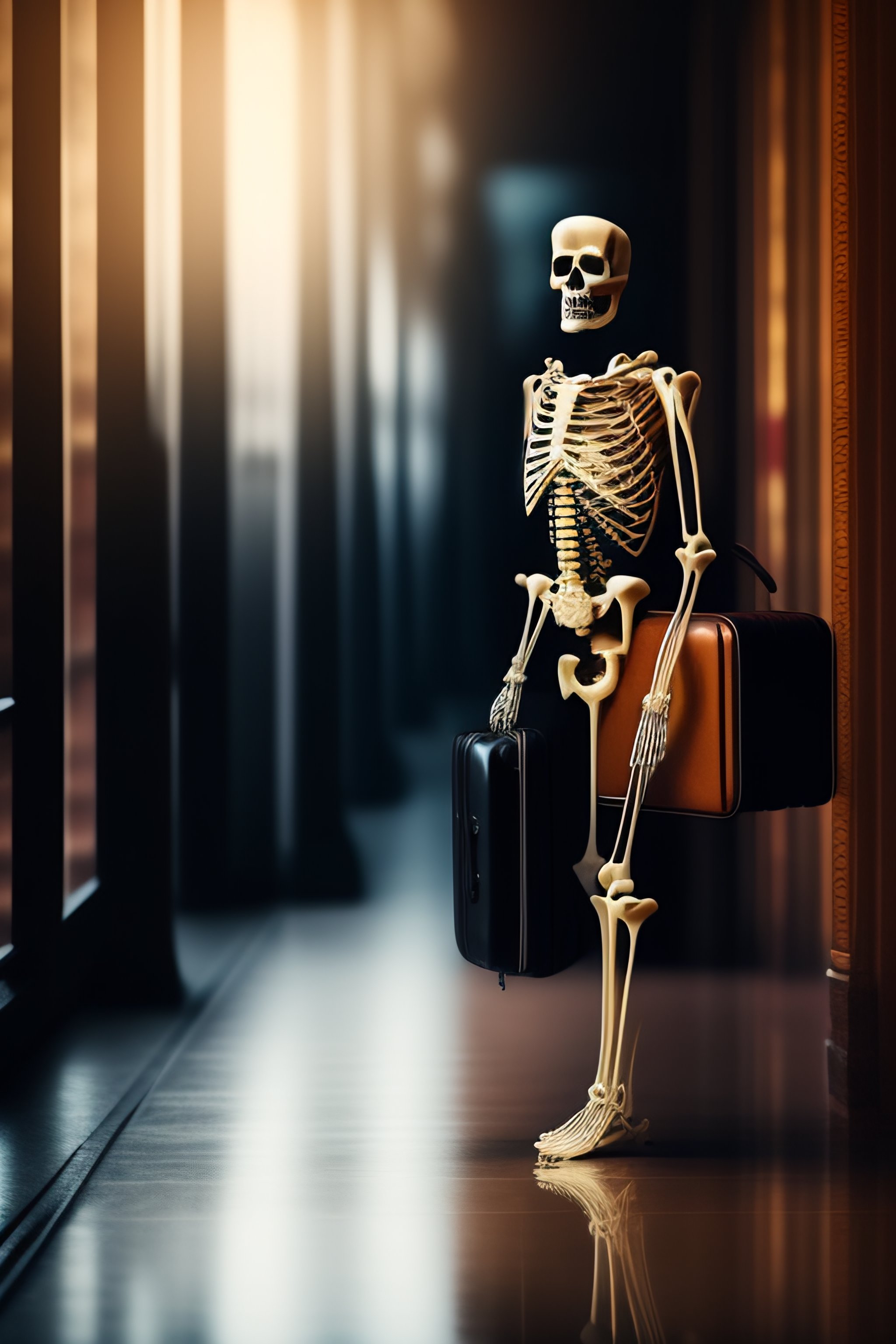Lexica - Skeleton going to work depressed with black tie and brown suitcase