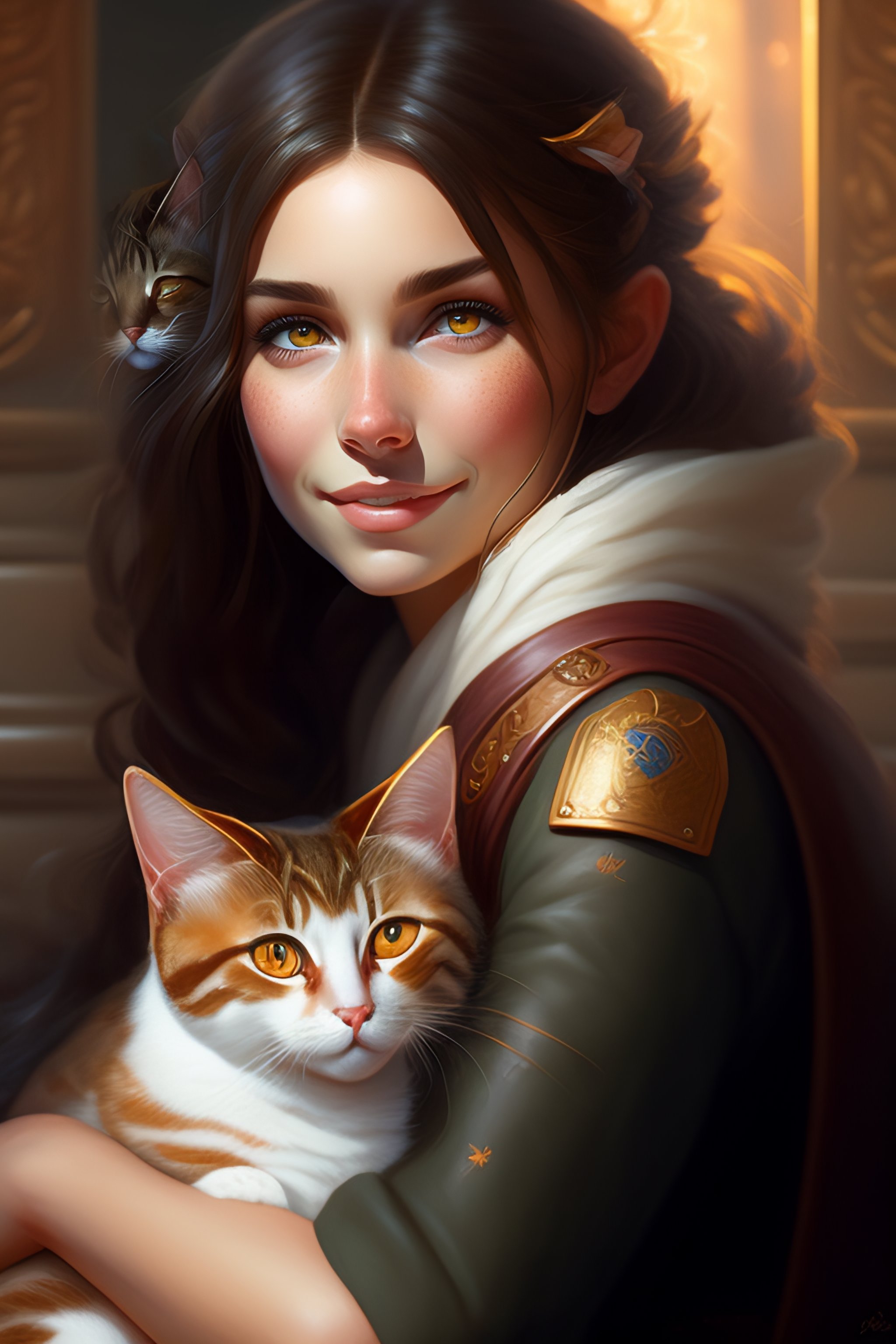 Lexica - A detailed portrait of a cute brunette girl hugging a tabby ...
