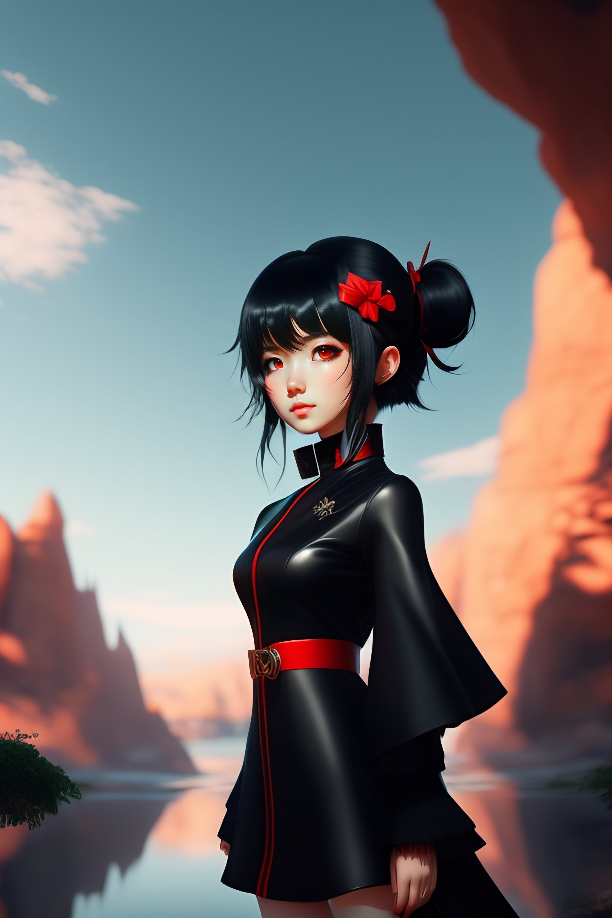 Lexica - Cute anime girl with red eyes black hair wearing black-red outfit  costume, black hair, black leather choker, in the beautiful landscape,  pho