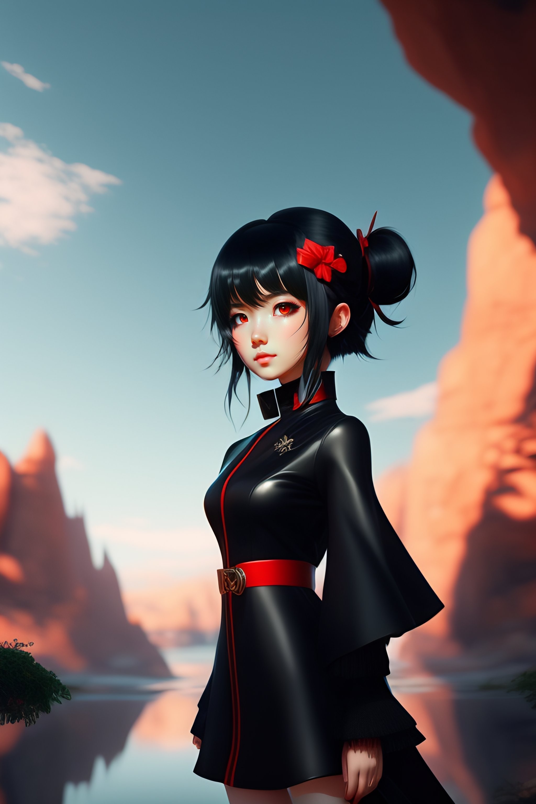 Beautiful anime girl with black hair and red eyes