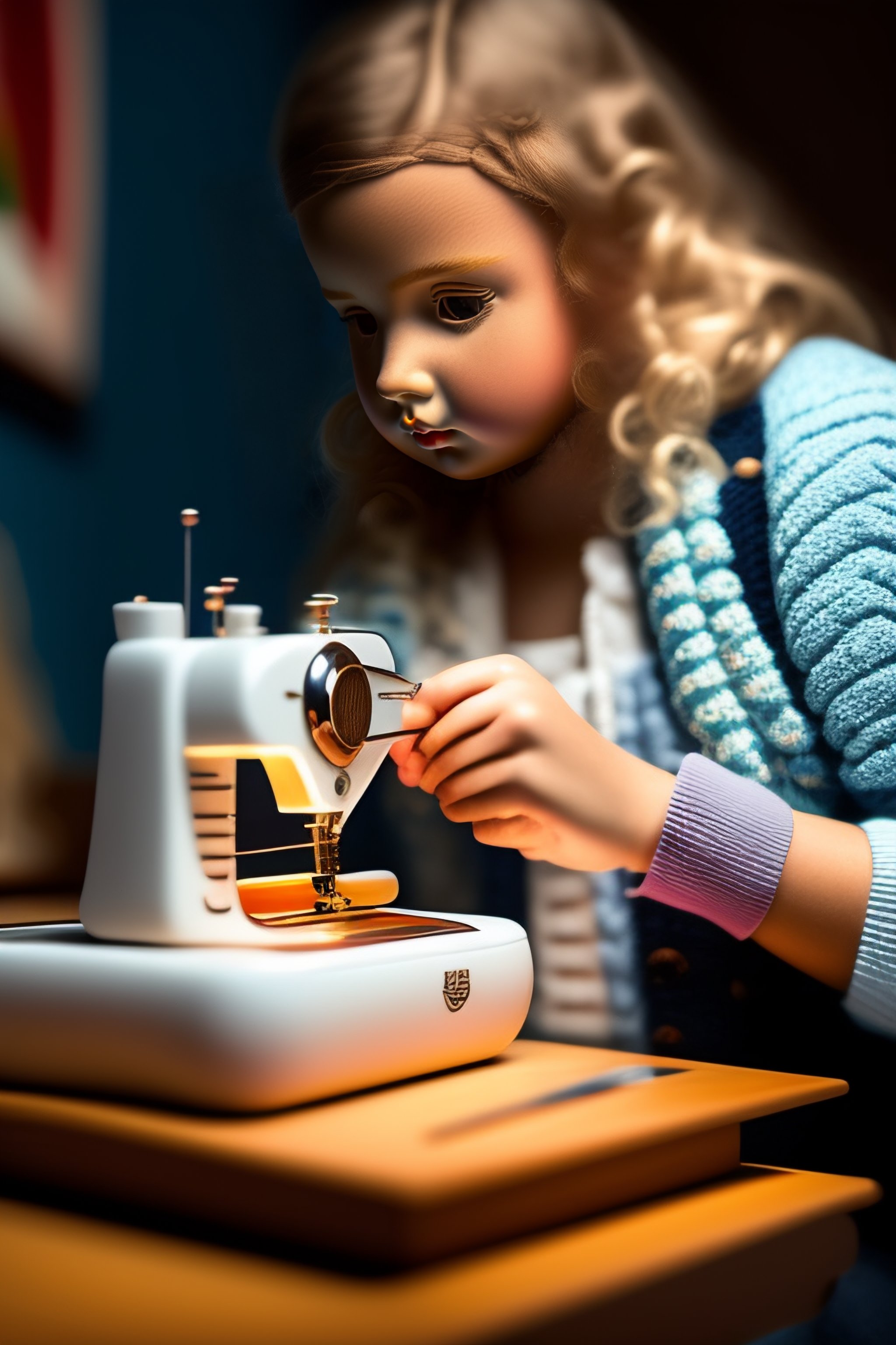 Lexica - A young white woman in the room is sitting and sewing a doll ...