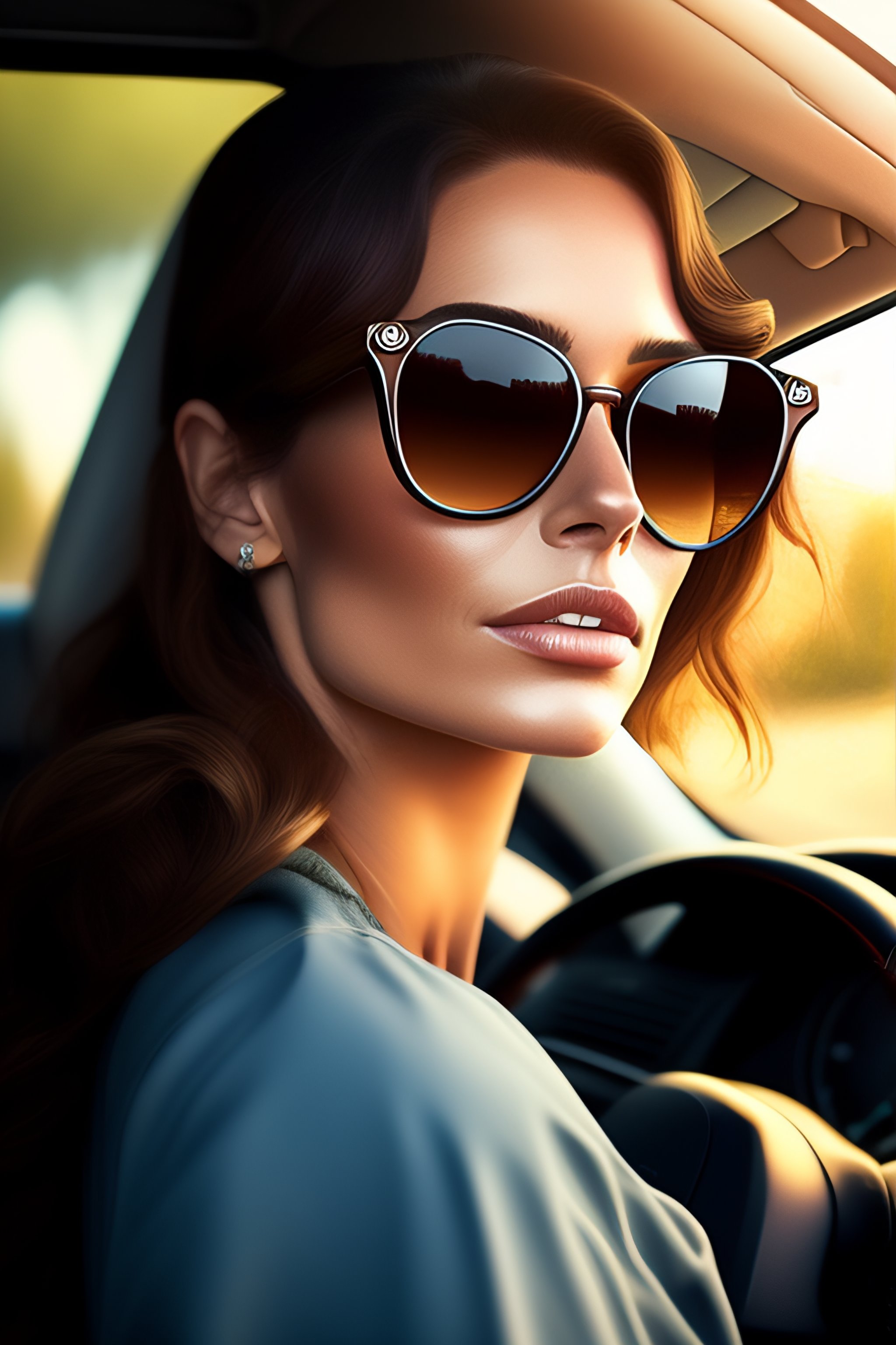 Lexica - Misterious and young sexy Brown hair mom with a little worried  face, puts down her sun glasses while driving an Honda Van