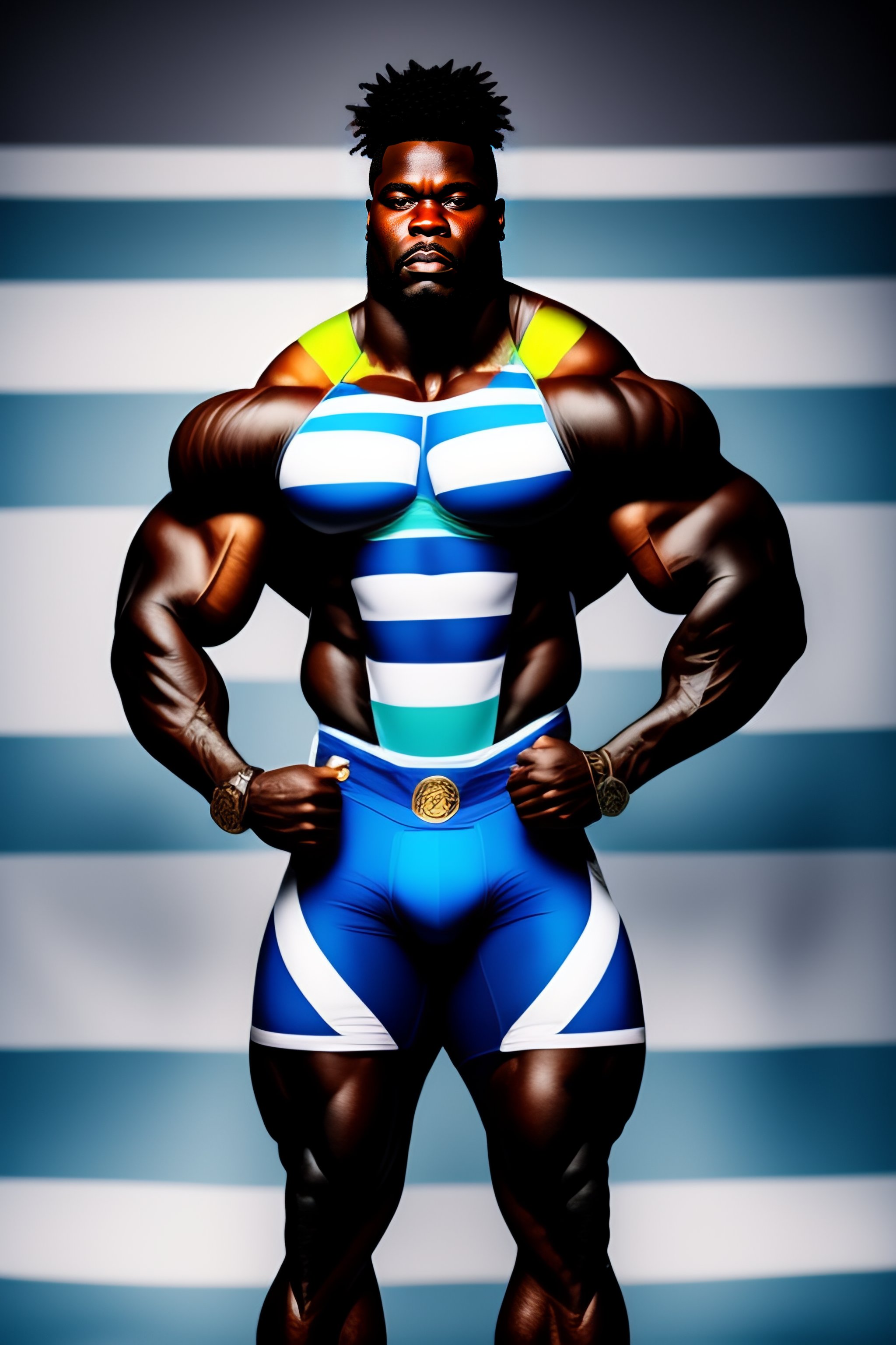 Lexica - African hulk wearing light blue, white and black thin striped