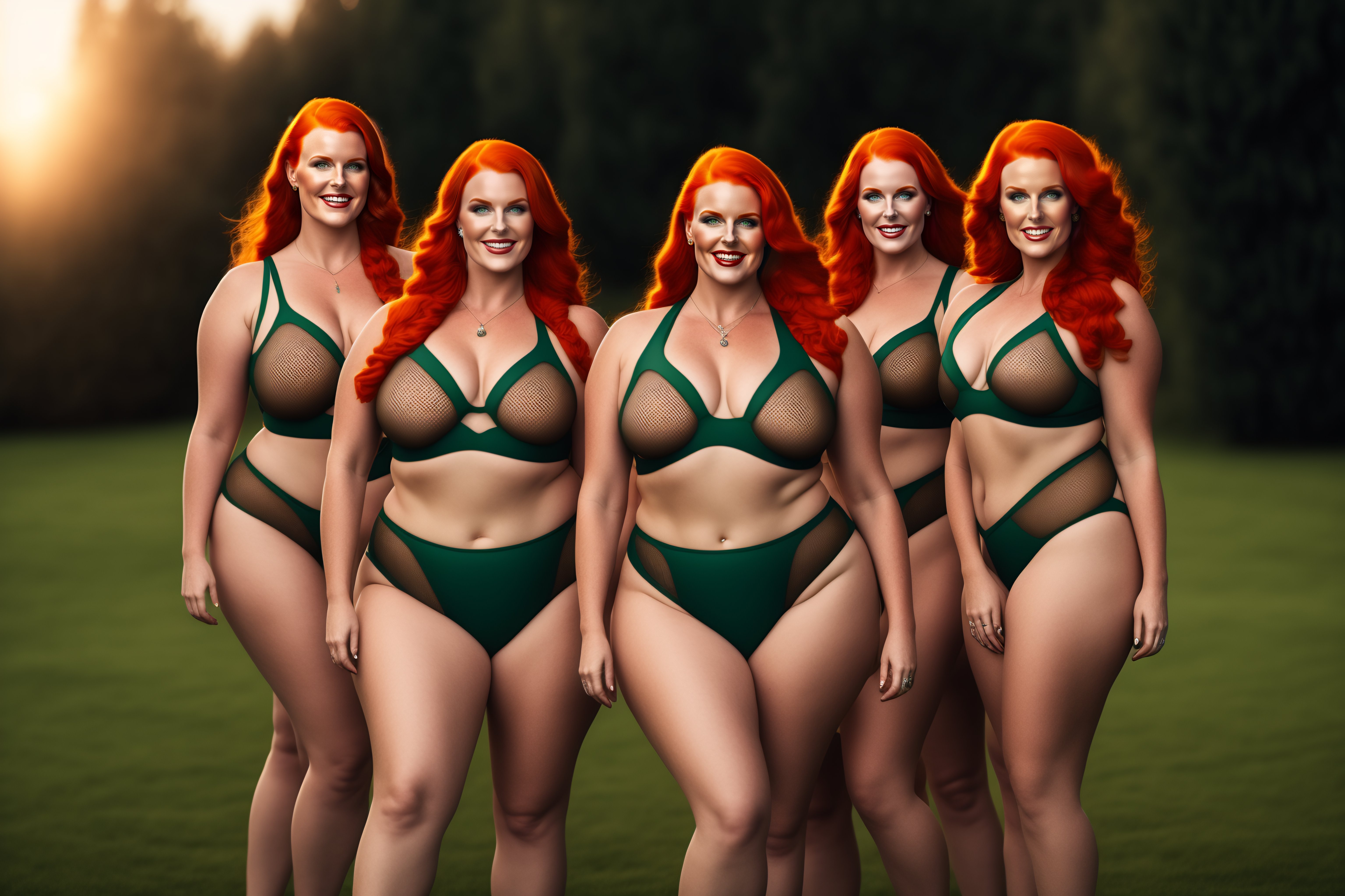 Lexica - A group of symmetrical smiling plus size redhead woman dressed in  mesh string bikinis walking on lawn full height long legs snowy