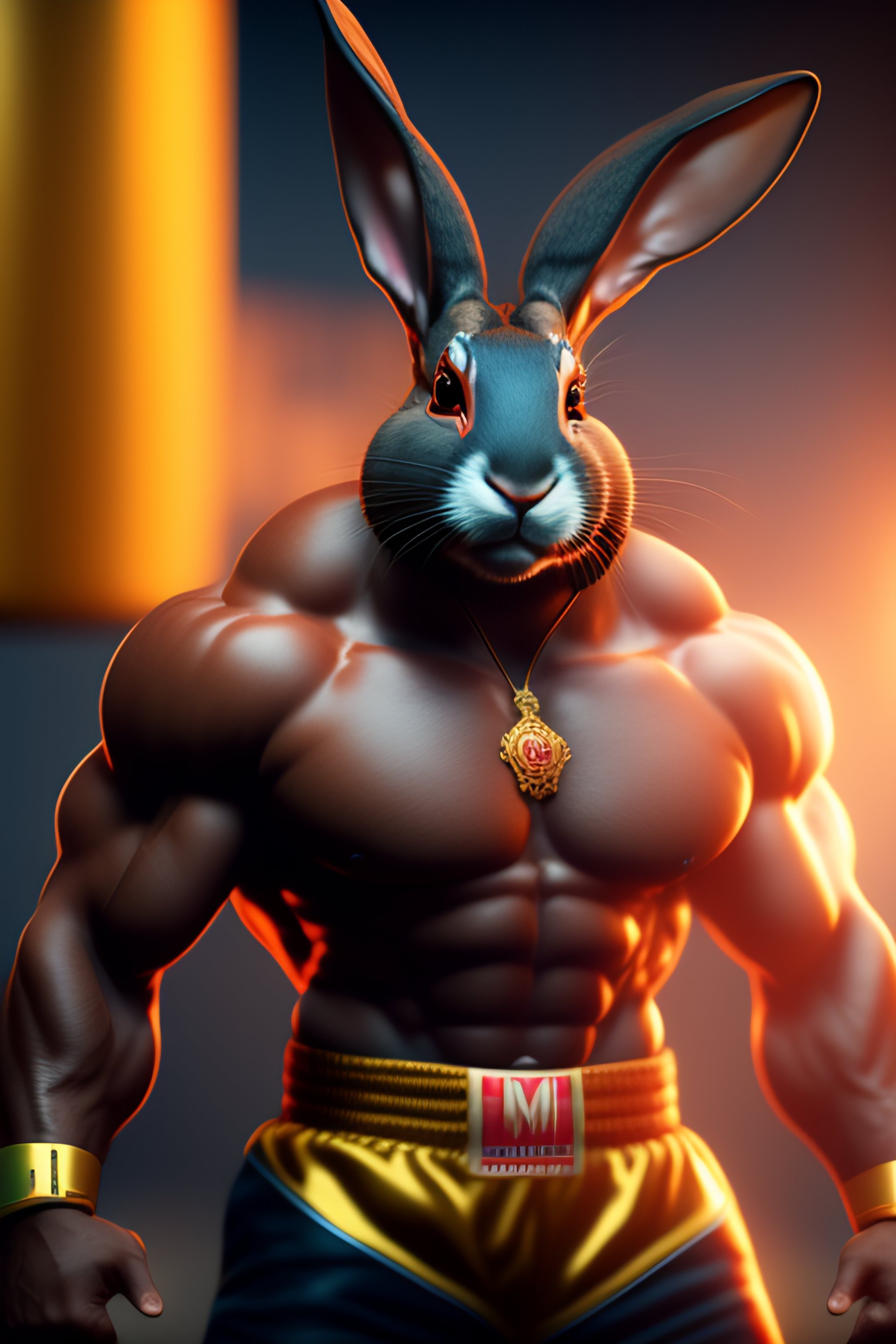 Lexica - Anthropomorphic muay thai rabbit, very muscular human body, in  muay thai shorts, extremely detailed, establishing shot, artistic, hyper  real