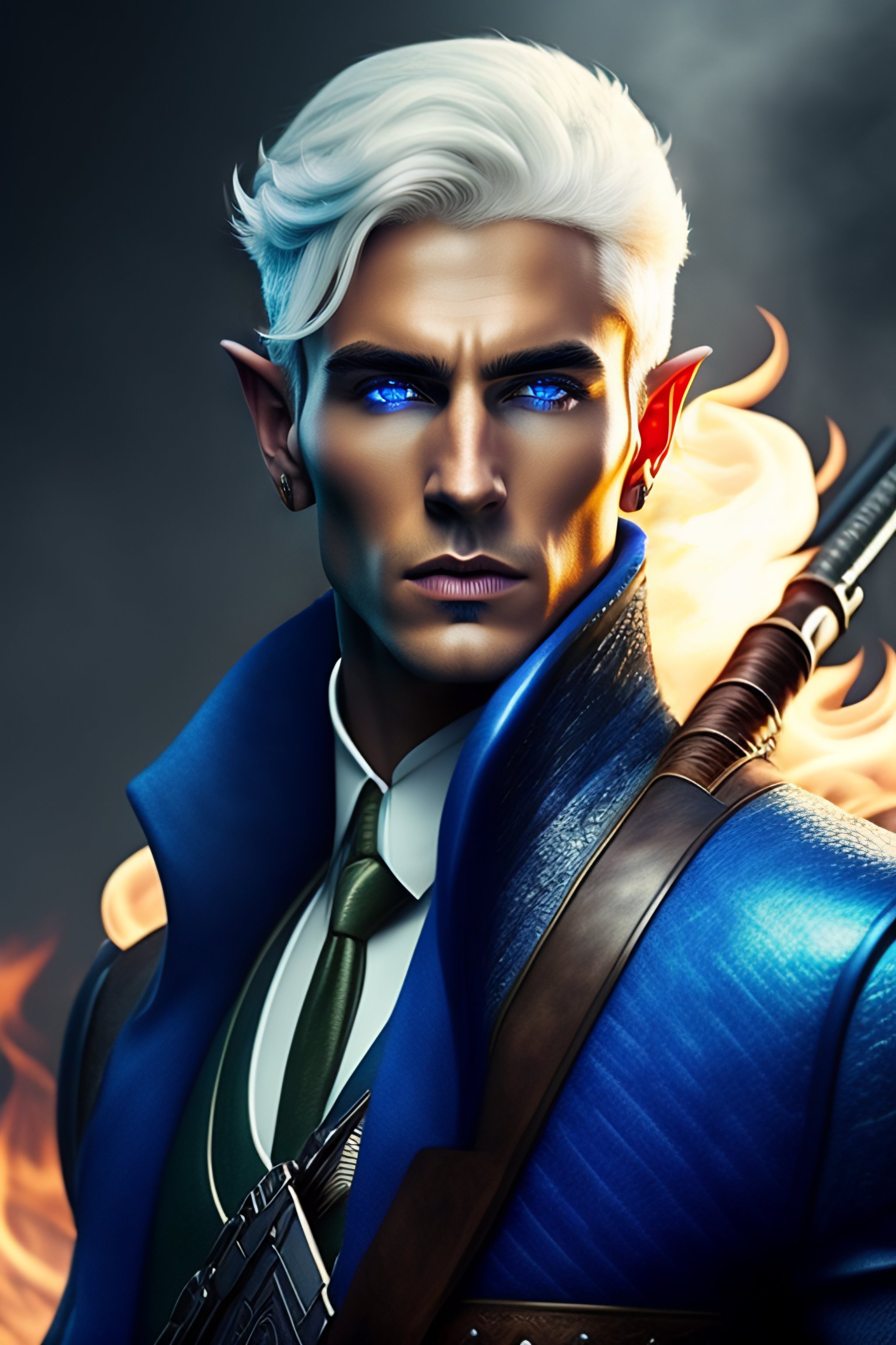 Lexica - Elf, blue skin, white hair, smoking, tall, handsome, rifle, epic