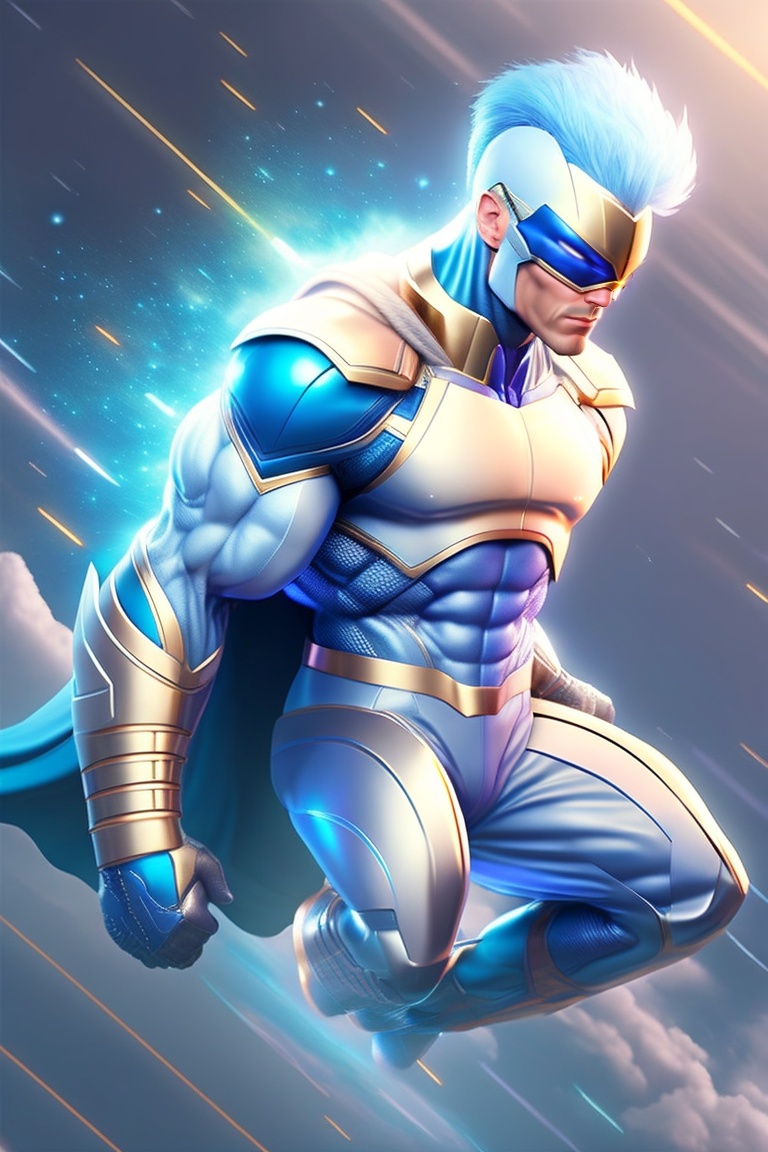 Lexica - Handsome superhero flying in space, with silver suit and blue hair