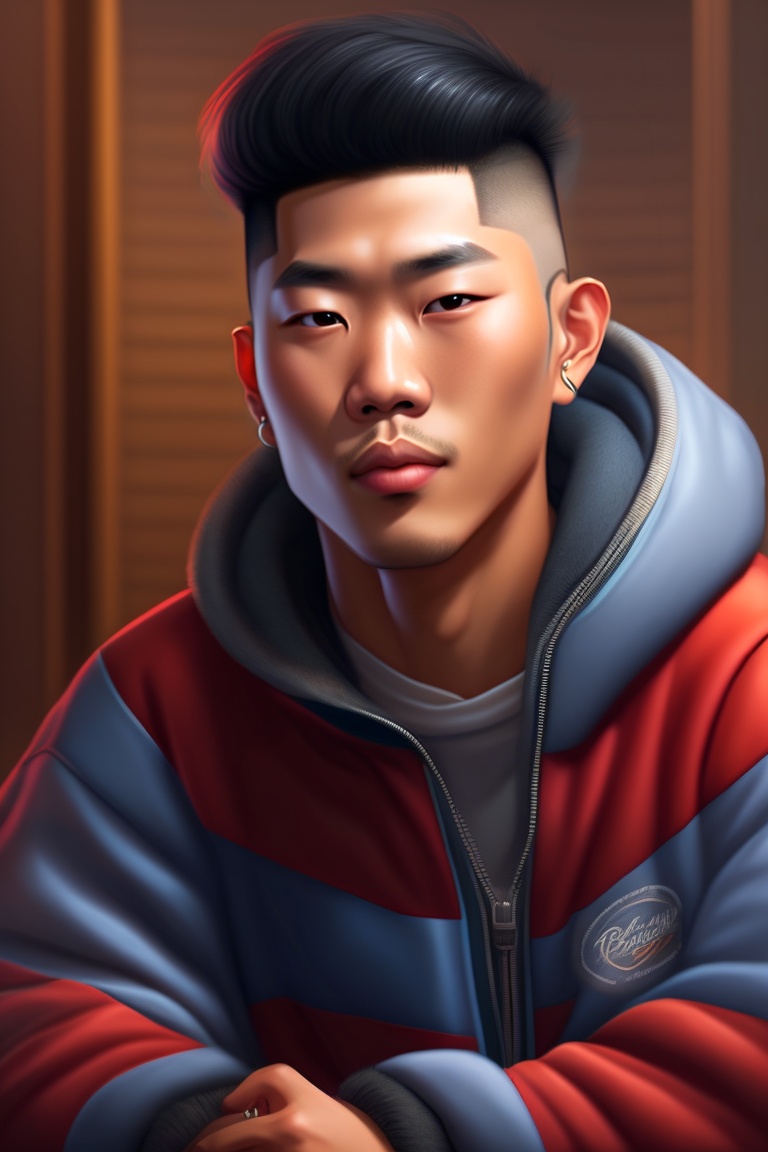 Lexica - Realistic portrait, asian dude, rapper, comfortable environment