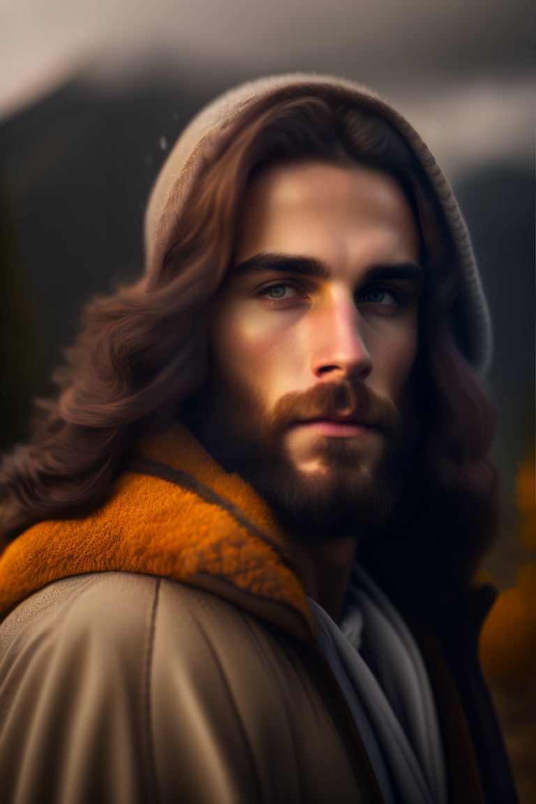 Lexica - Caucasian,portrait jesus christ in mountains, rainy, autumn ...