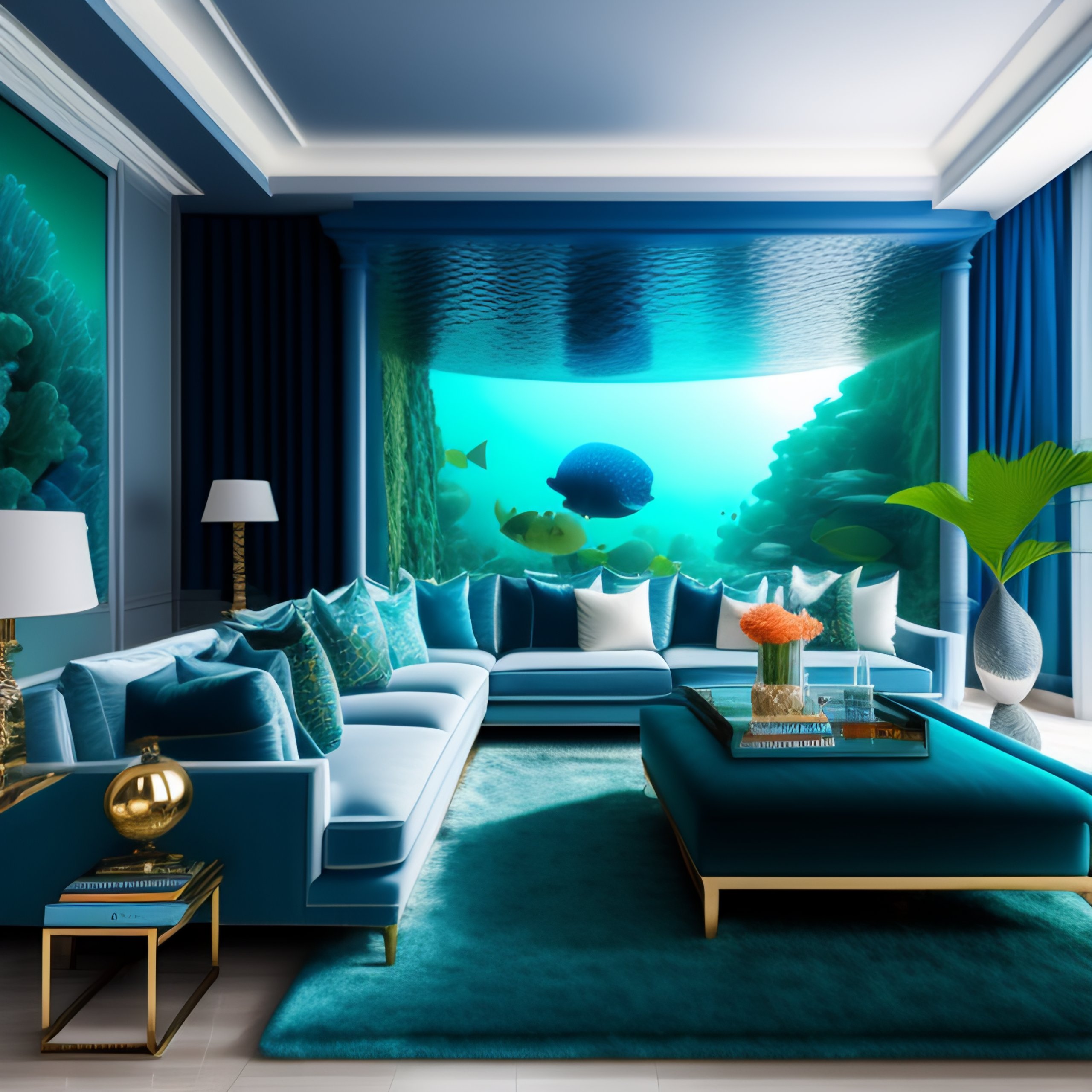 Lexica - A fantastical living room with an underwater theme, featuring  shades of blue and green for the walls, furniture, and accessories, as well
