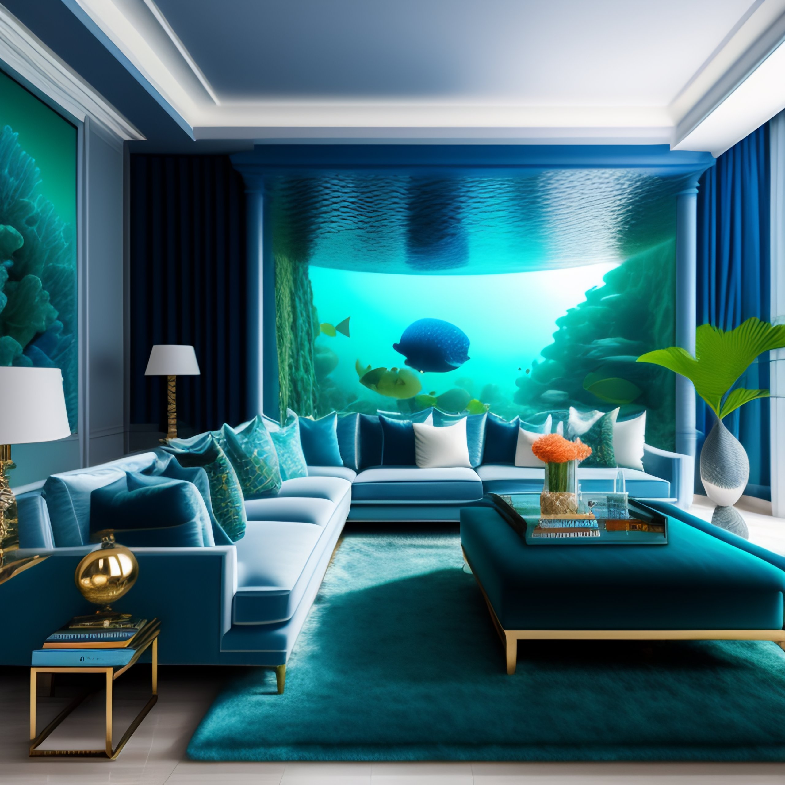 Lexica A fantastical living room with an "underwater" theme