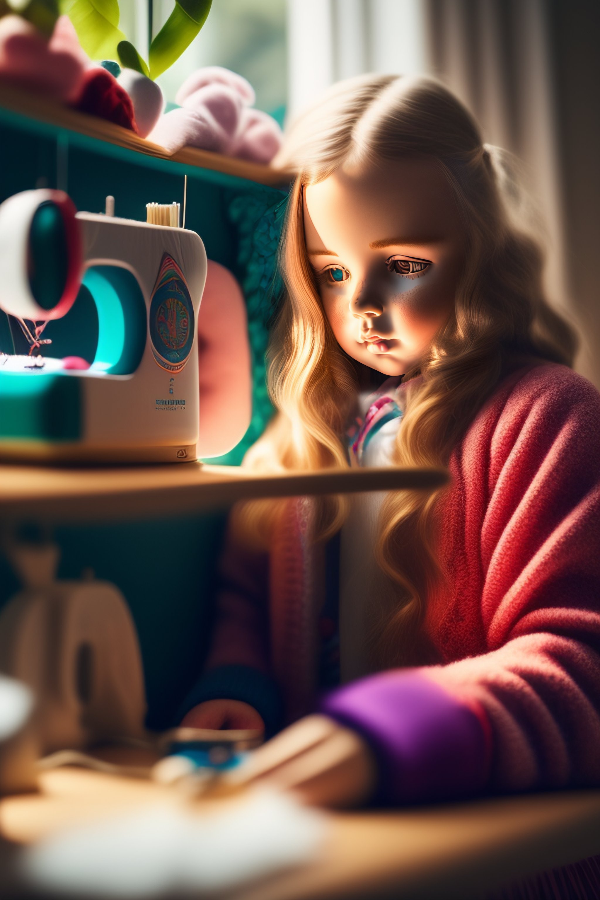 Lexica - The girl in the room is sitting and sewing a doll