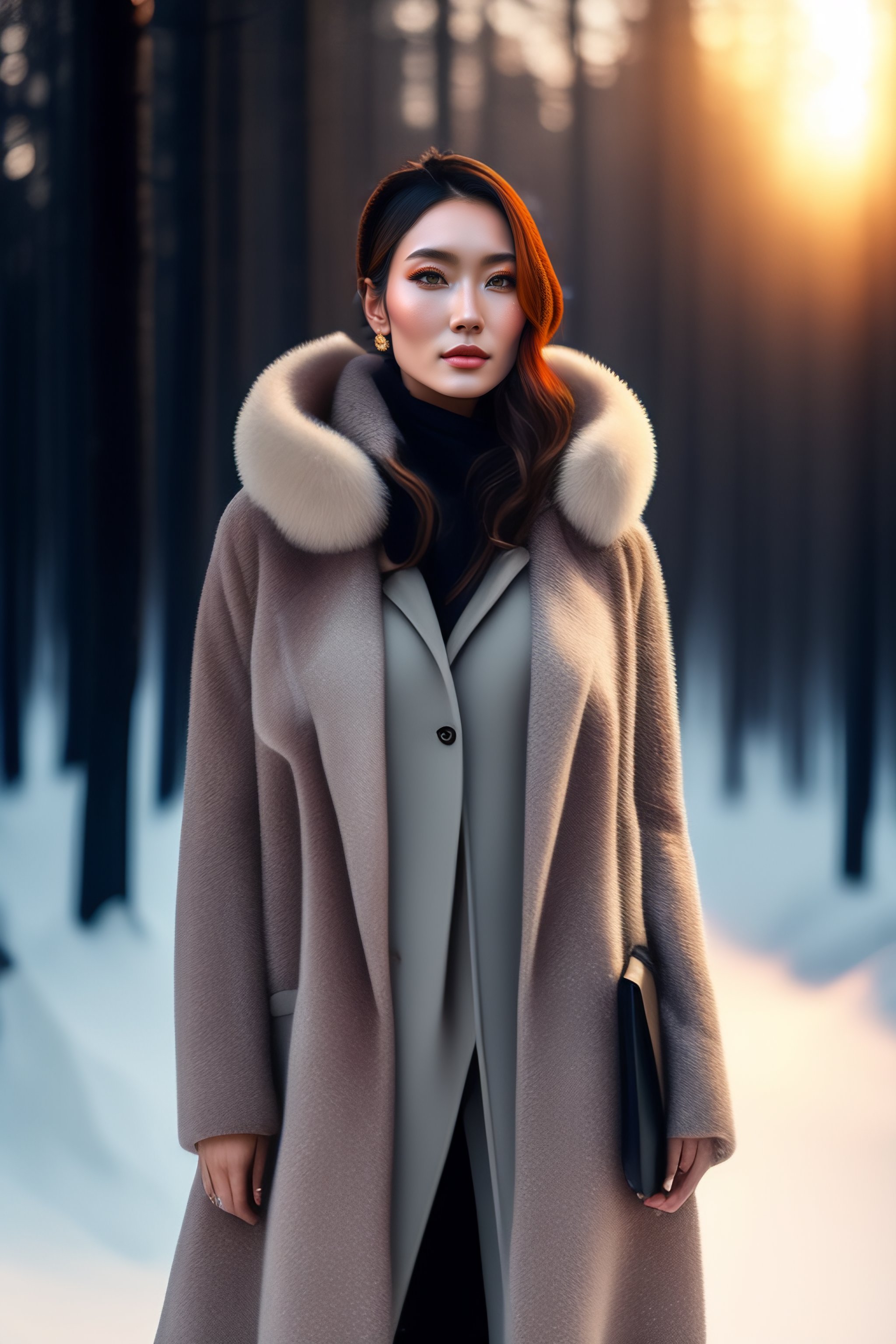 Lexica - The design of a modern oversized asymmetrical coat with a large  number of pockets, a hood, worn by a woman. Warm snow, forest and  mushrooms.