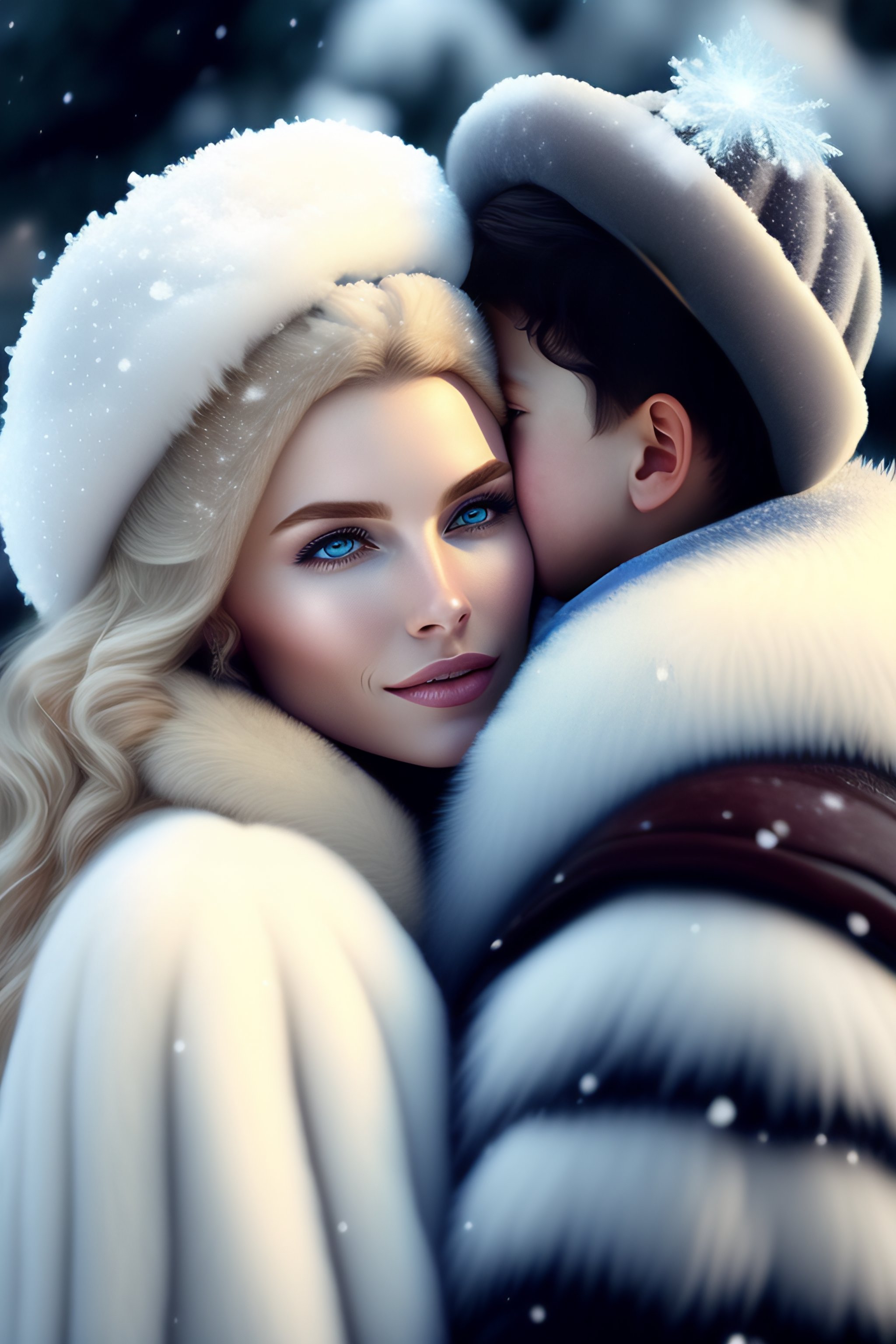 Lexica Snow queen and smal little boy in the embrace of the arms fur coat white frozen