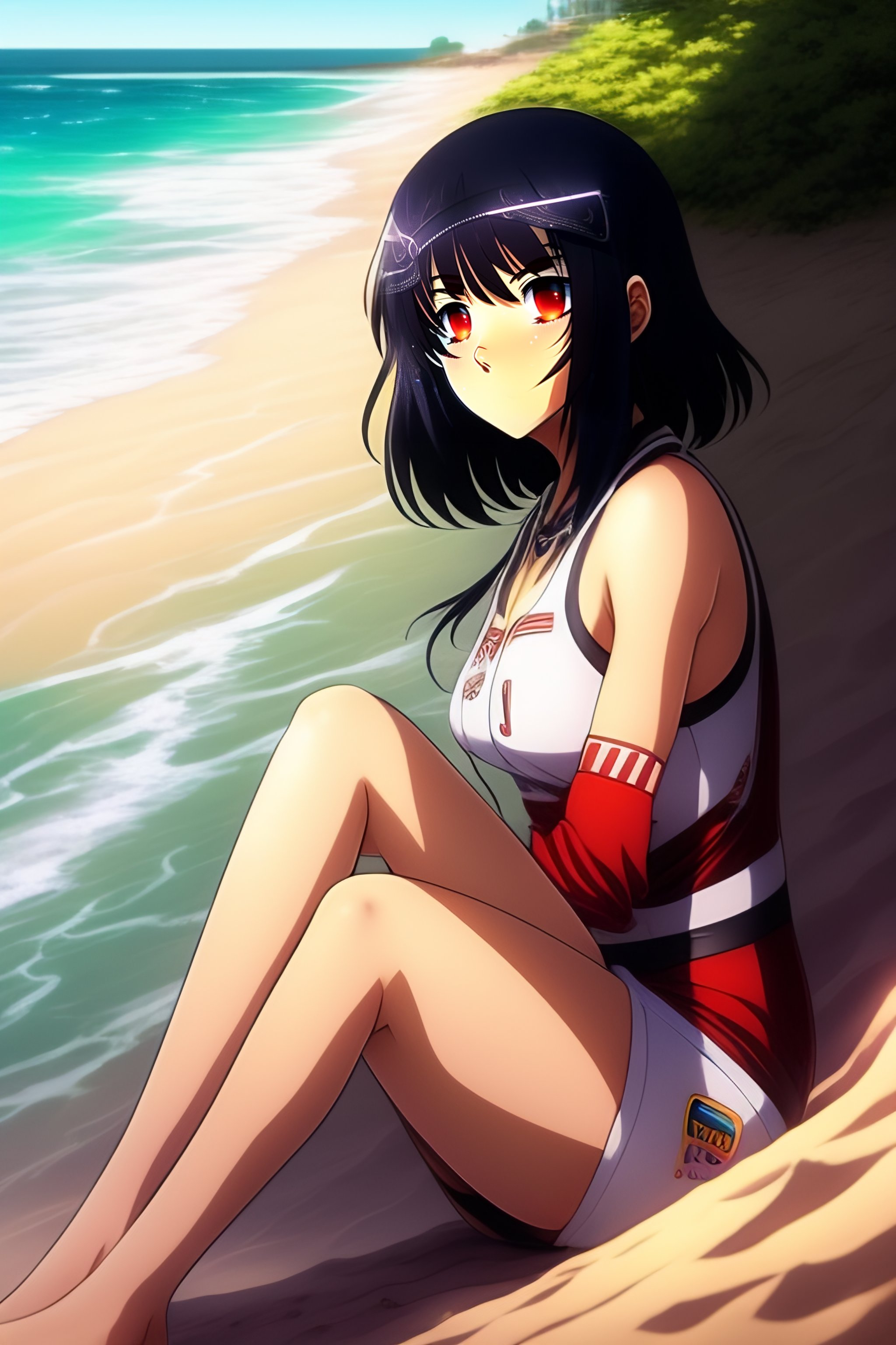 Lexica - 90s anime vintage moaning cute shy mikasa Ackerman with shiny dark  eyes from attack on titan at beach sitting down on the sand. Long black h...