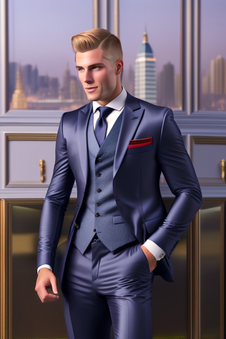Lexica - A young blonde man in navy suit and tie, asking for a raise