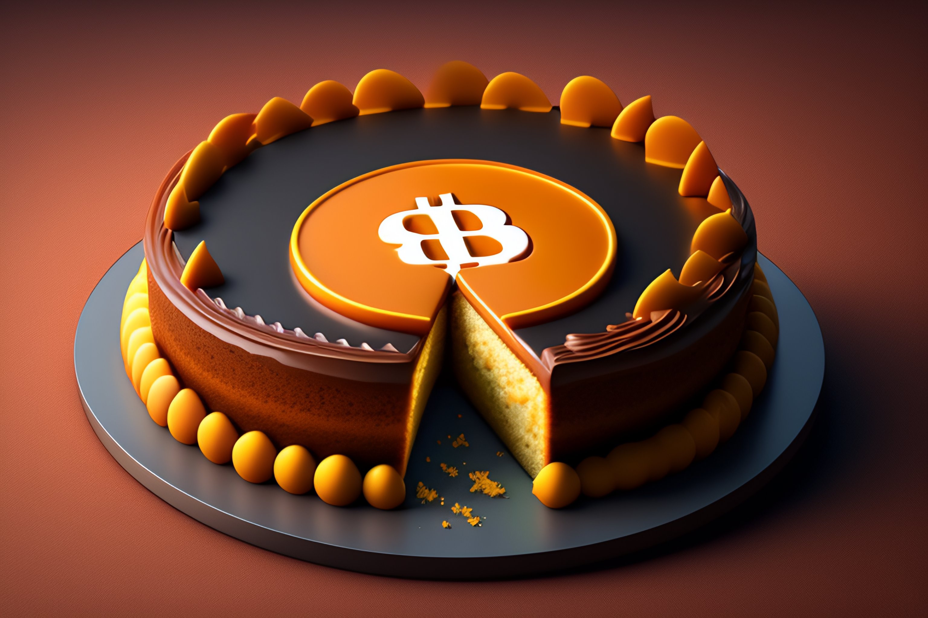 Lexica - A cake with a bitcoin logo, and a slice is eaten, isometric,  illustration, unreal engine