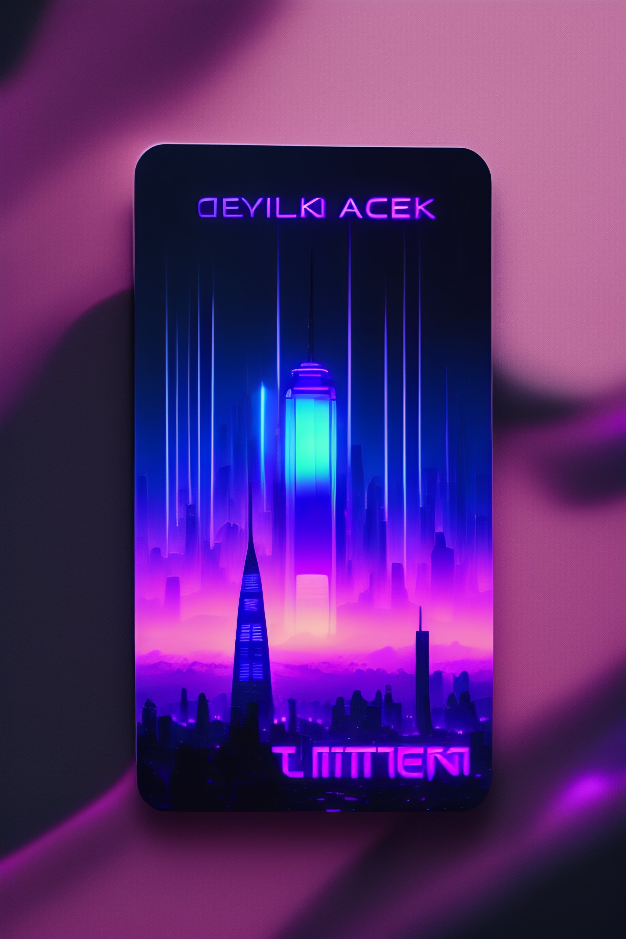 Lexica Floating access card, made of neon purple glass with a cyberpunk city on the card
