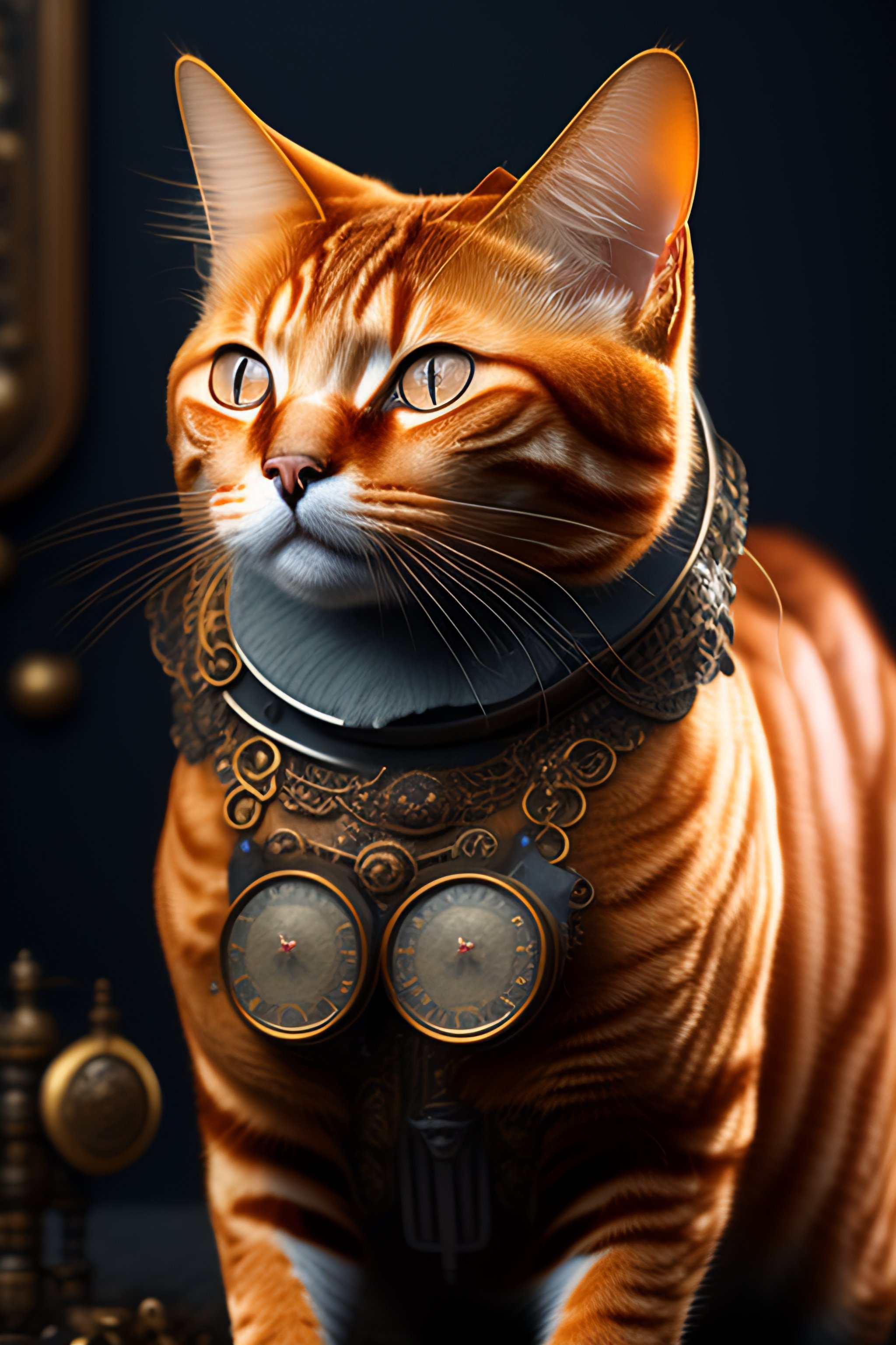 Lexica Portrait of a steampunk ginger cat made of rusty clocks, gadgets and tools dramatic