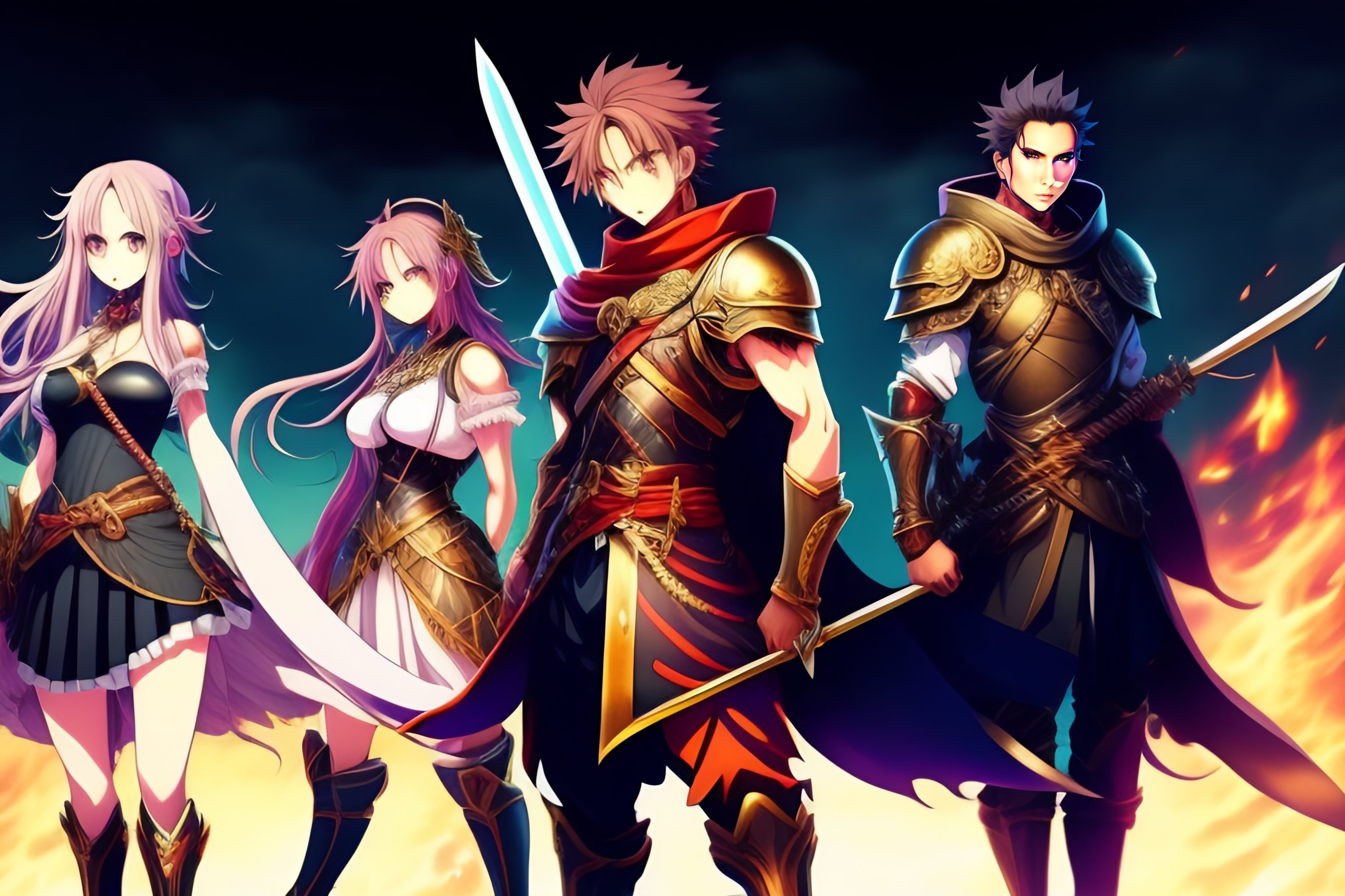 Lexica - Anime background, male and female characters, large swords in back