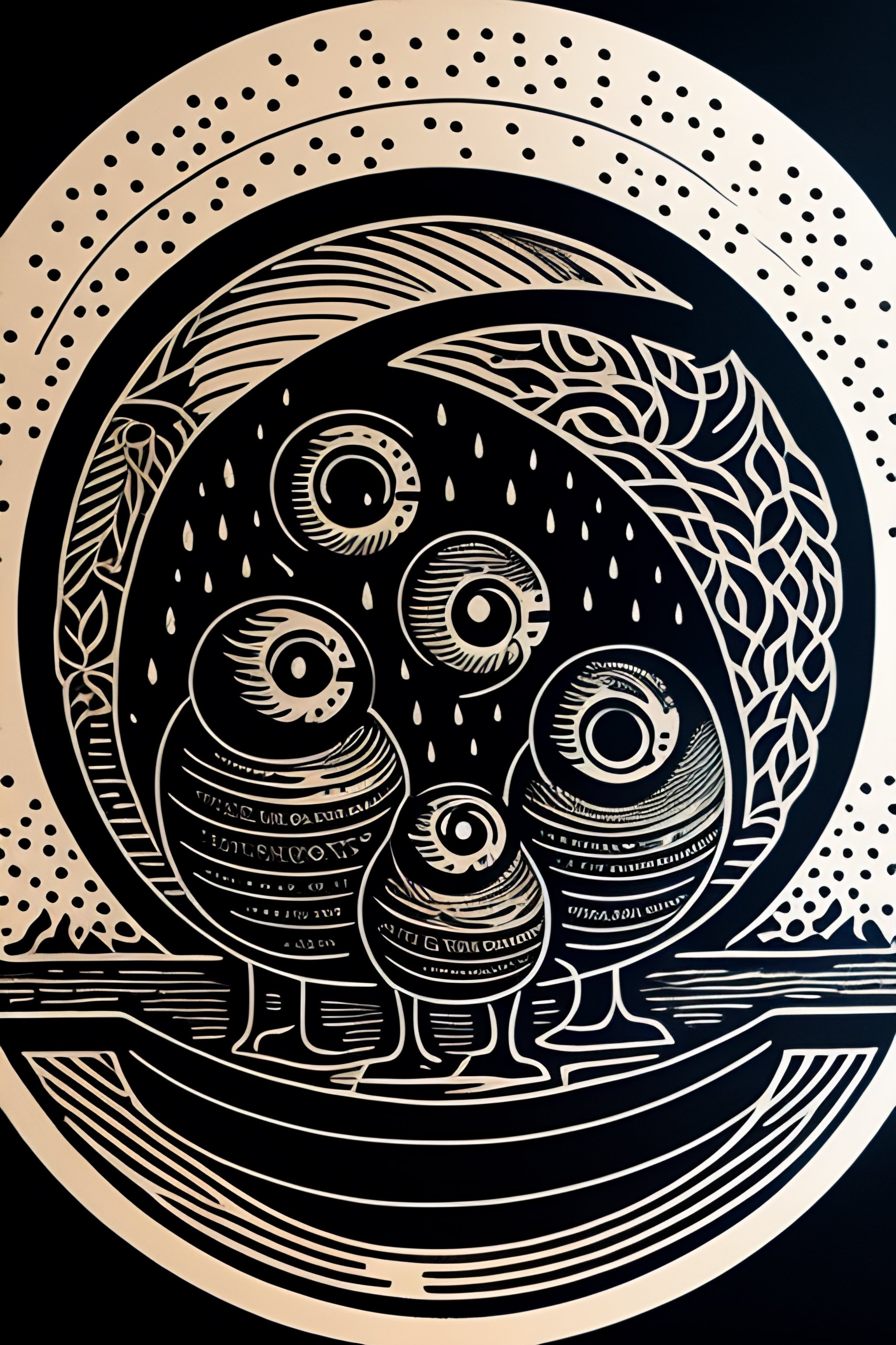 Lexica - An award winning linocut of a A round monster with many eyes