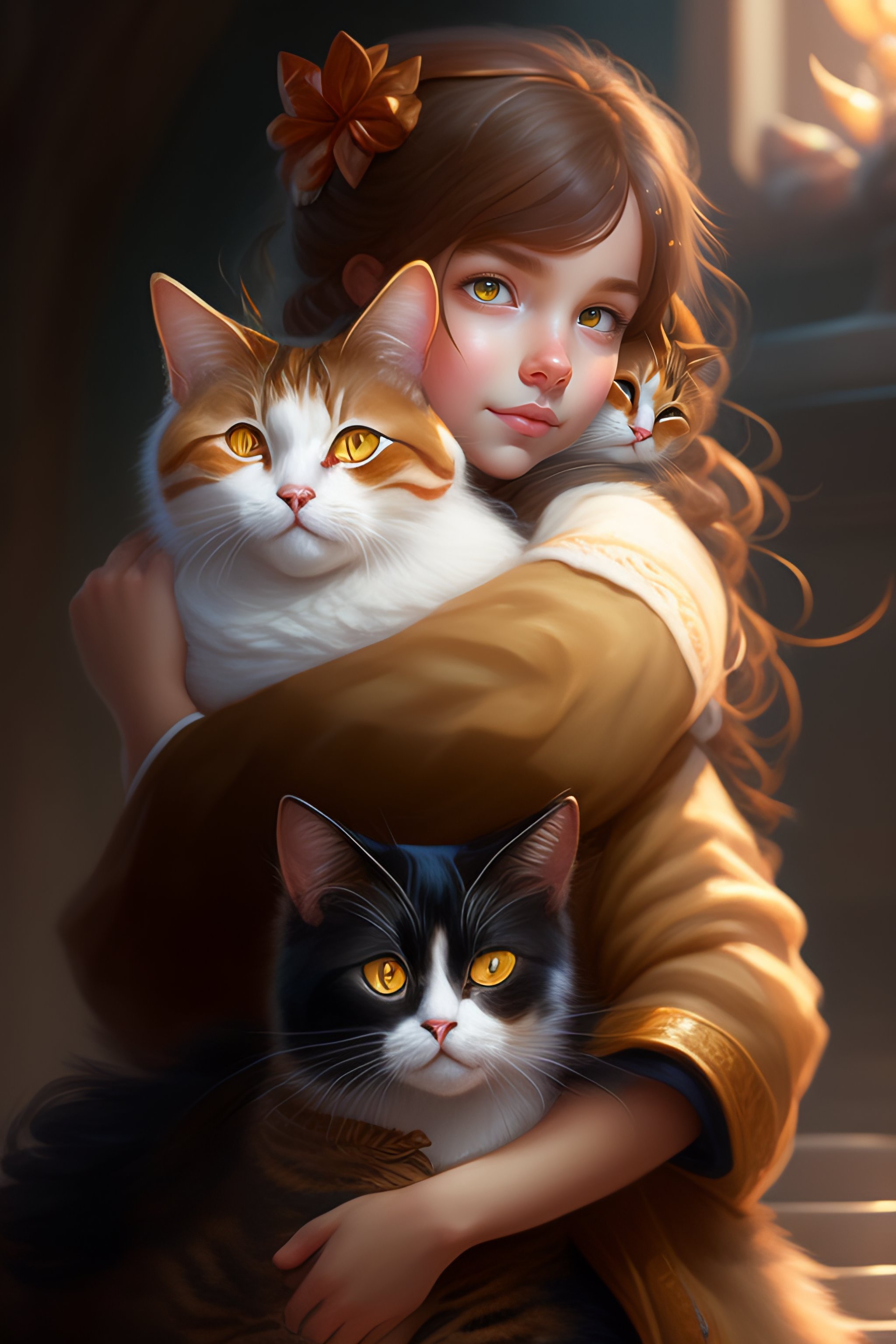 Lexica - A detailed portrait of a cute brunette girl hugging a tabby ...