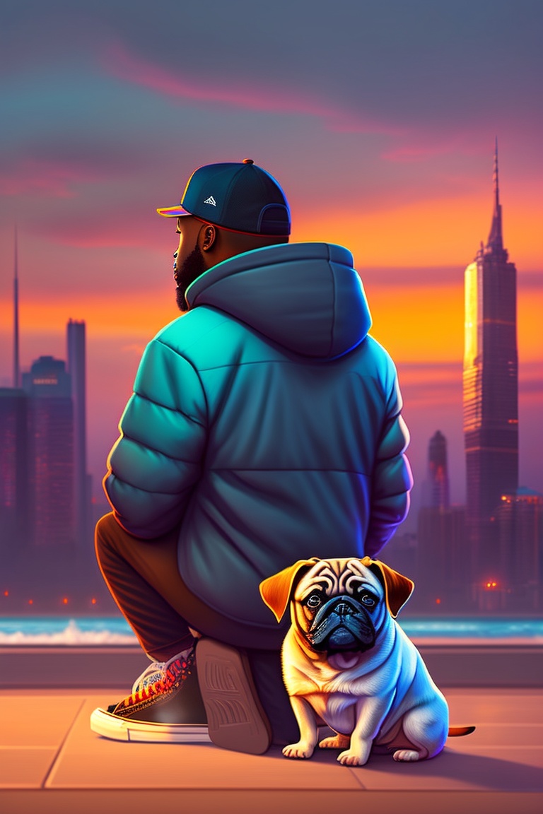 Lexica - A rapper standing next to a pug, watching the sunset, chill ...