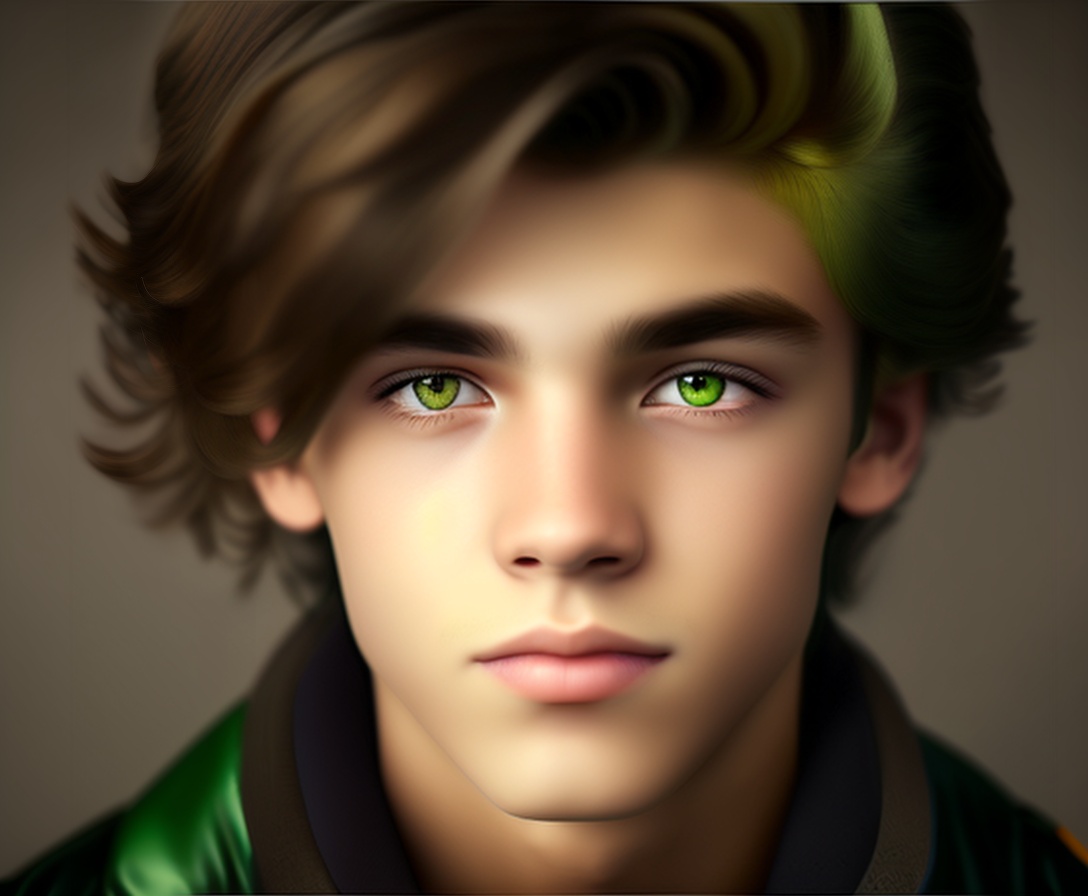 Lexica - A close-up portrait of a teenage boy with piercing green eyes ...