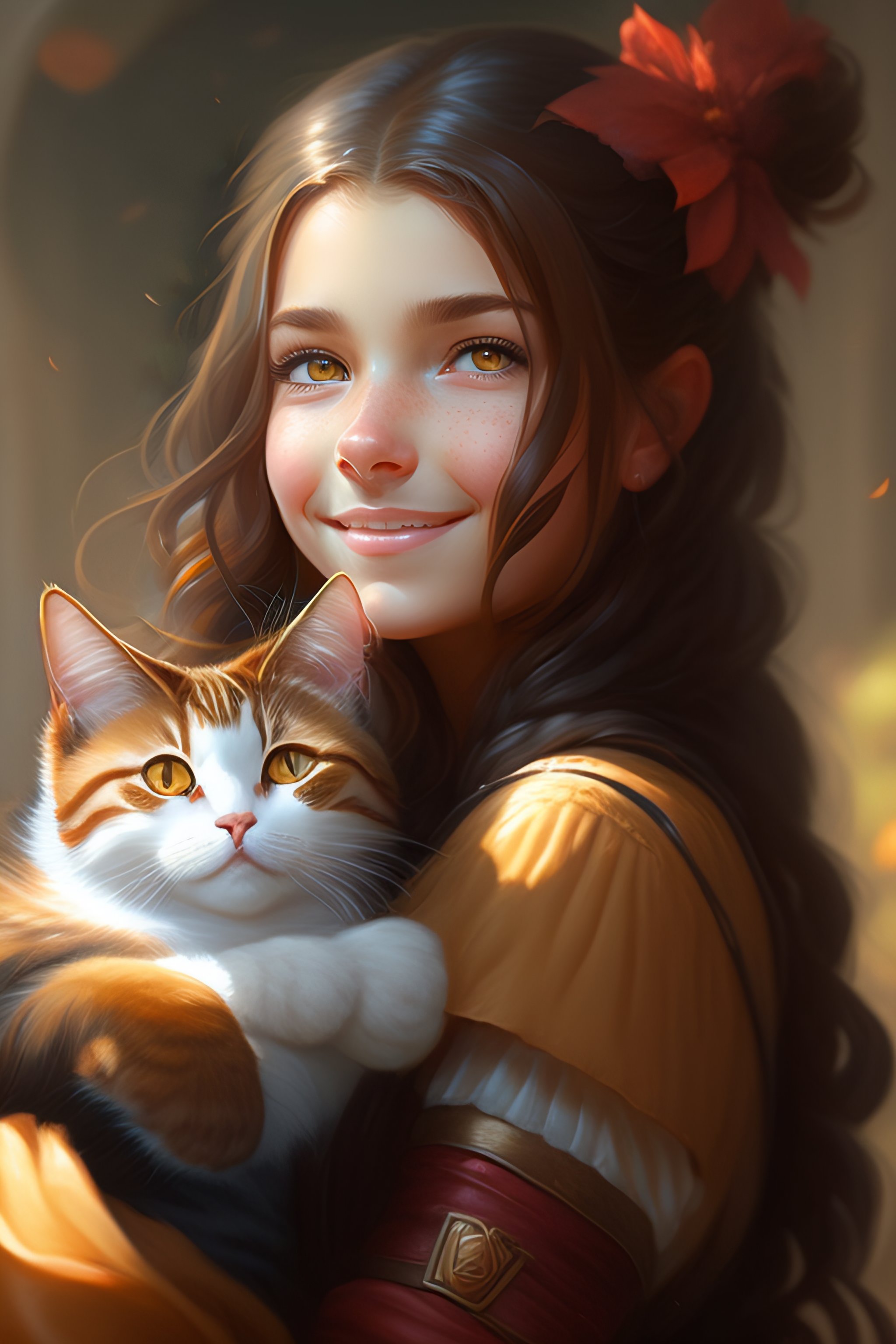 Lexica - A detailed portrait of a cute brunette girl hugging a tabby ...