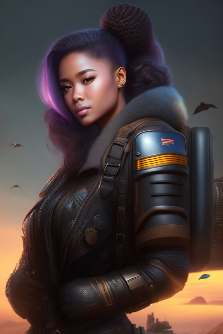 Lexica - Woman with bionic arms, army, weapons, cyberpunk