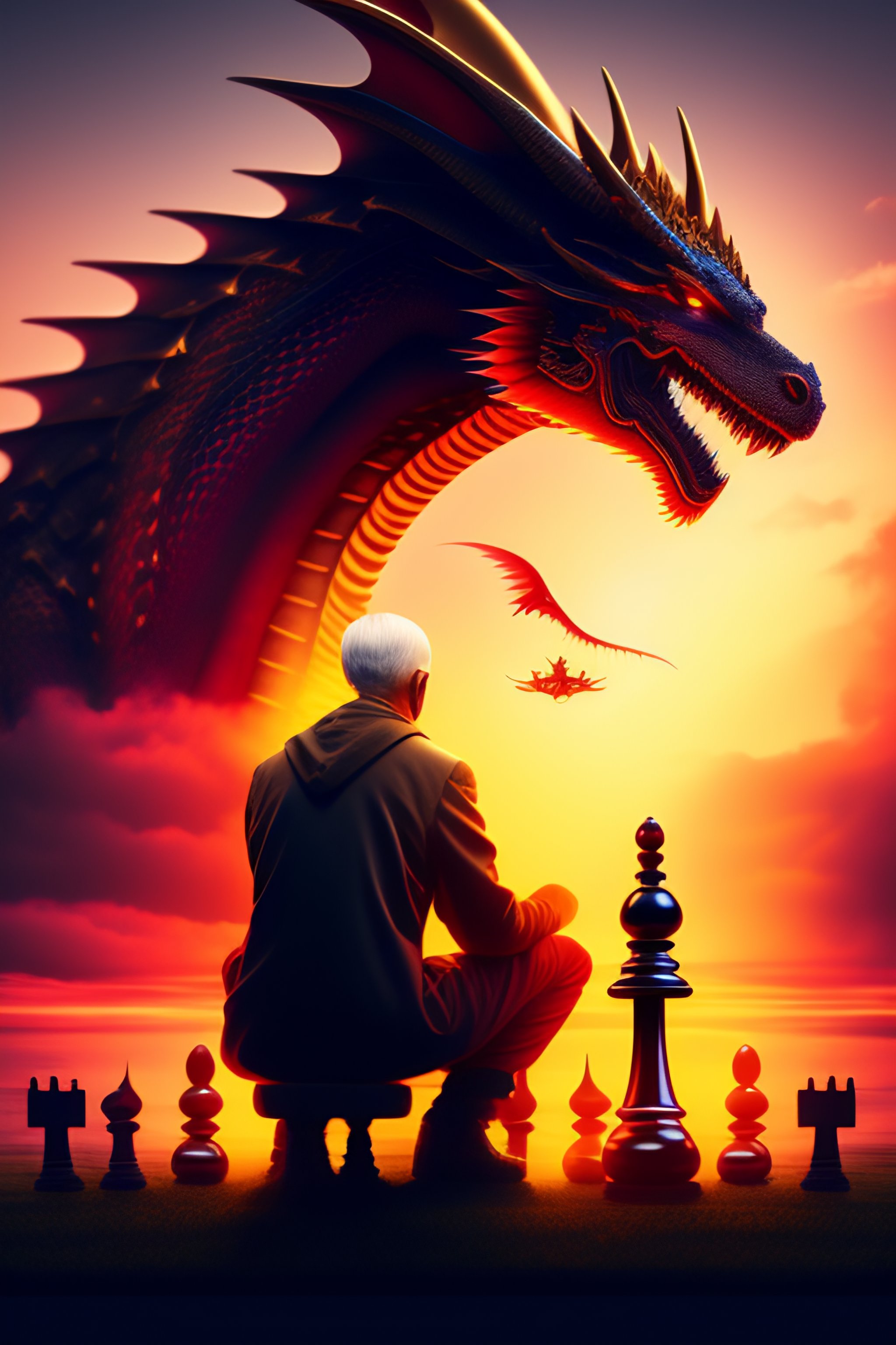 Lexica - Massive dragon flying behind old person meditating, Chess ...